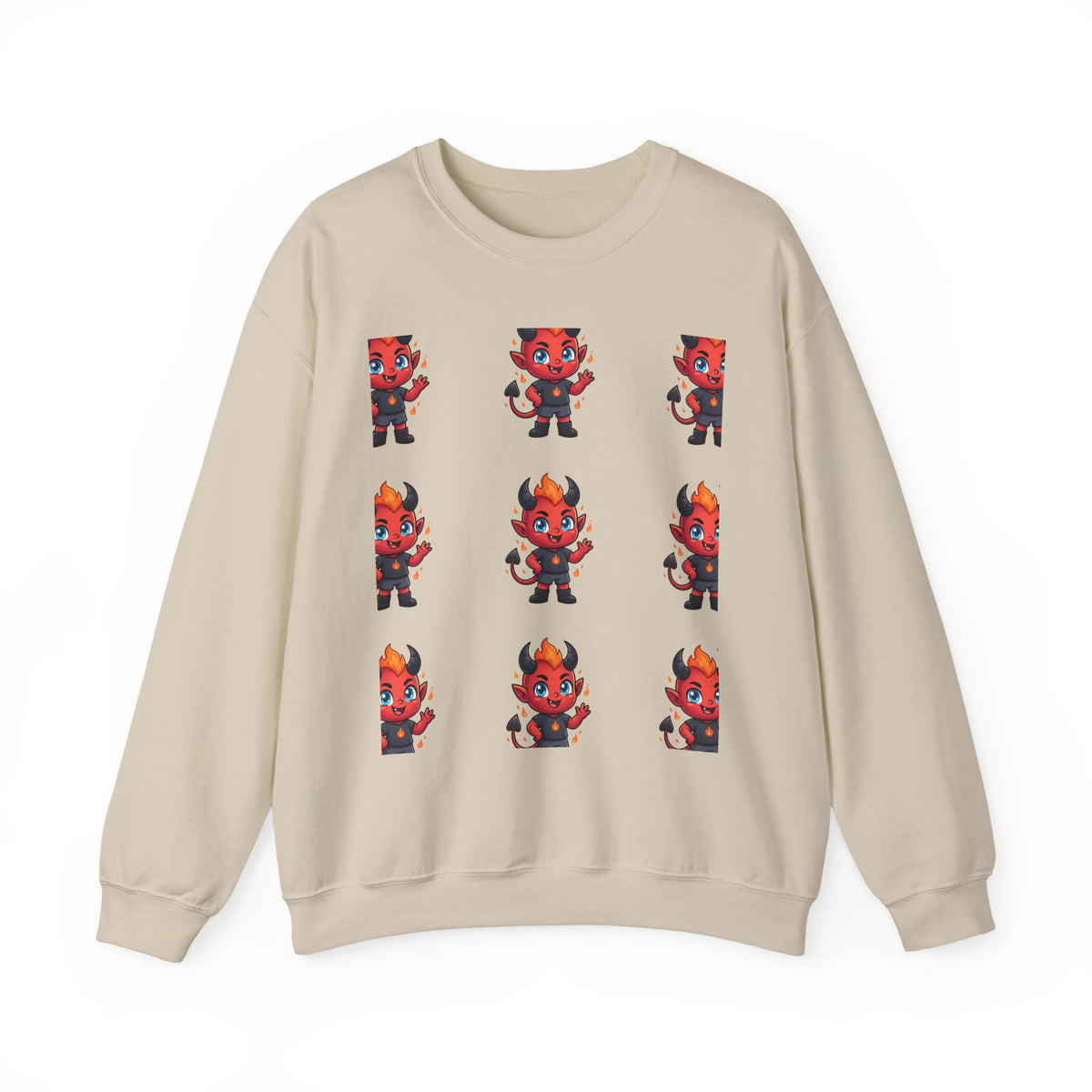 Cute Devil Character Grid Sweatshirt — Cartoon Demon Pattern Crewneck
