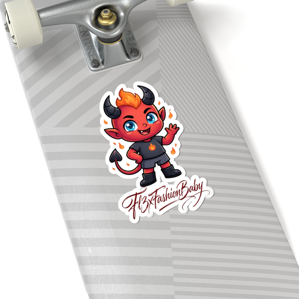 Cute Devil Character Kiss-Cut Sticker — "FlxFashionBaby" Logo