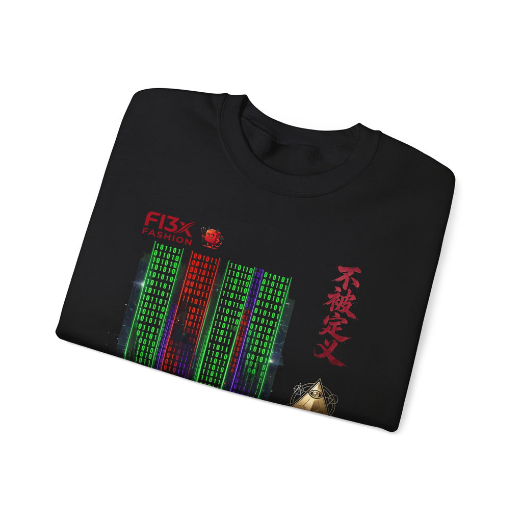 Crewneck Sweatshirt — Cyber Tokyo Graphic with Kanji & Matrix Cityscape
