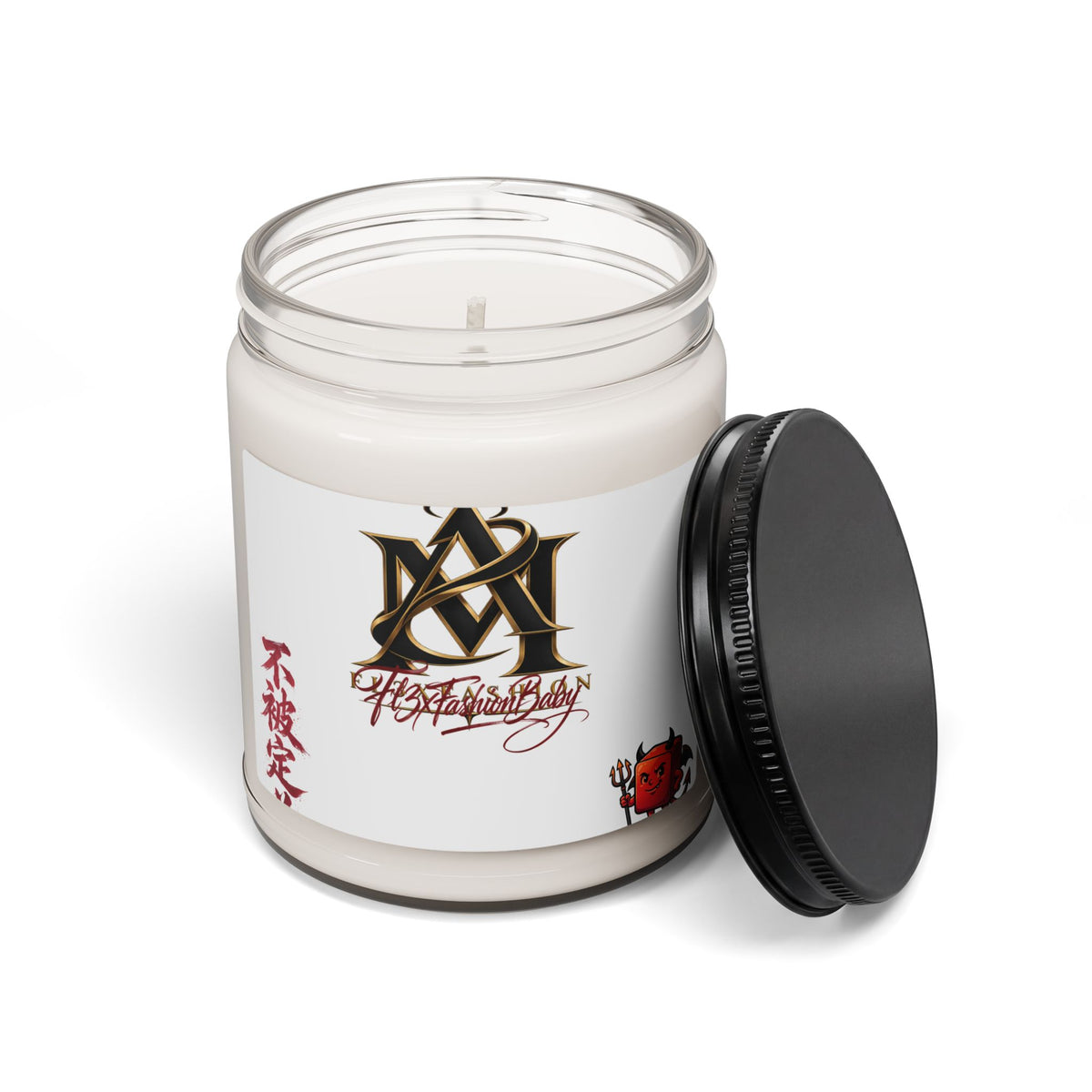Scented Soy Candle — 9oz Aromatherapy Jar with Asian Calligraphy & Red Daruma Design