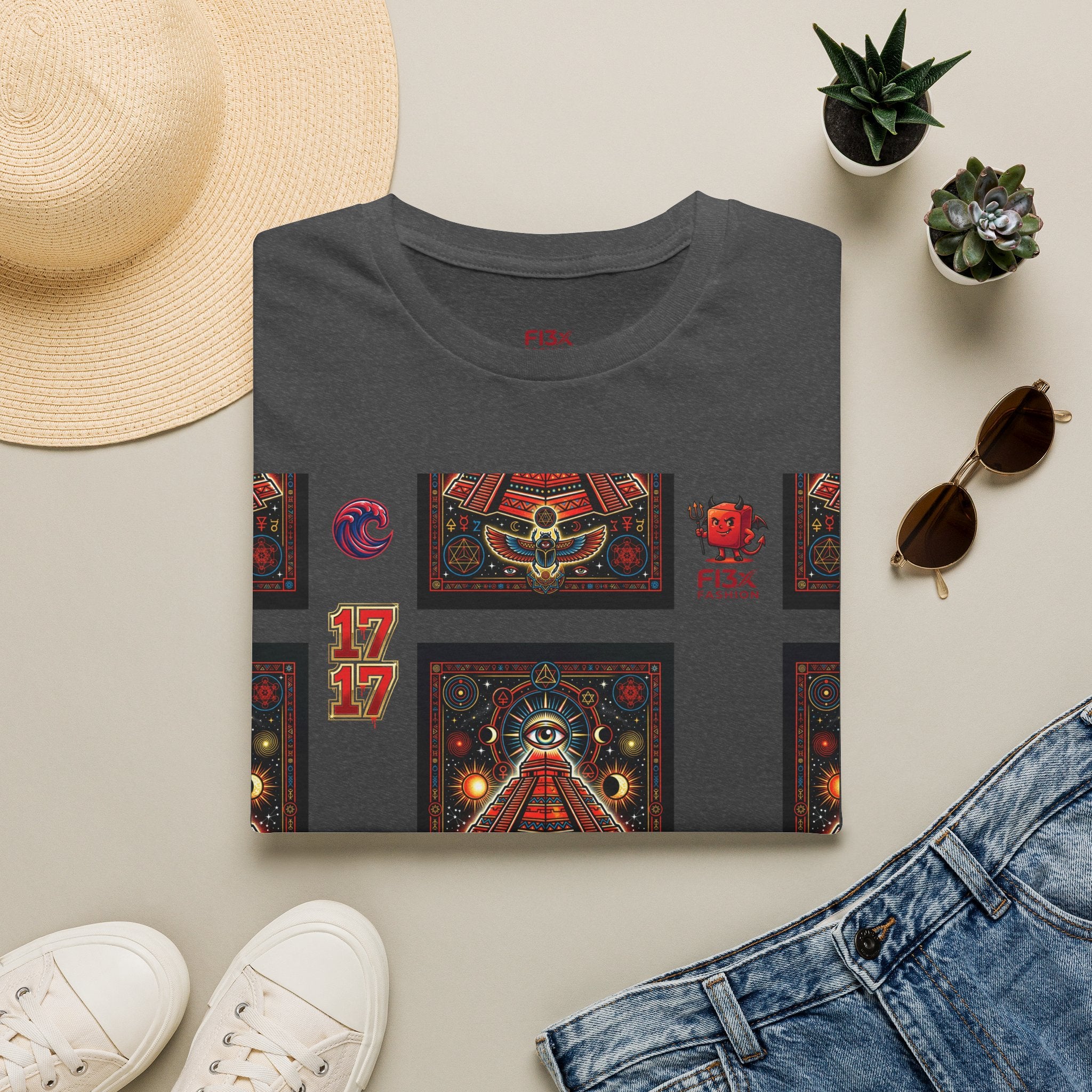 T-Shirt — Retro Cosmic Tarot Graphic with '17' Mystic Symbols