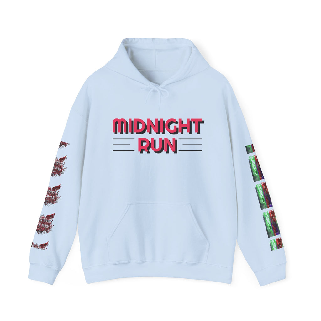 Midnight Run Hoodie — Graphic Streetwear Pullover with Sleeve Prints