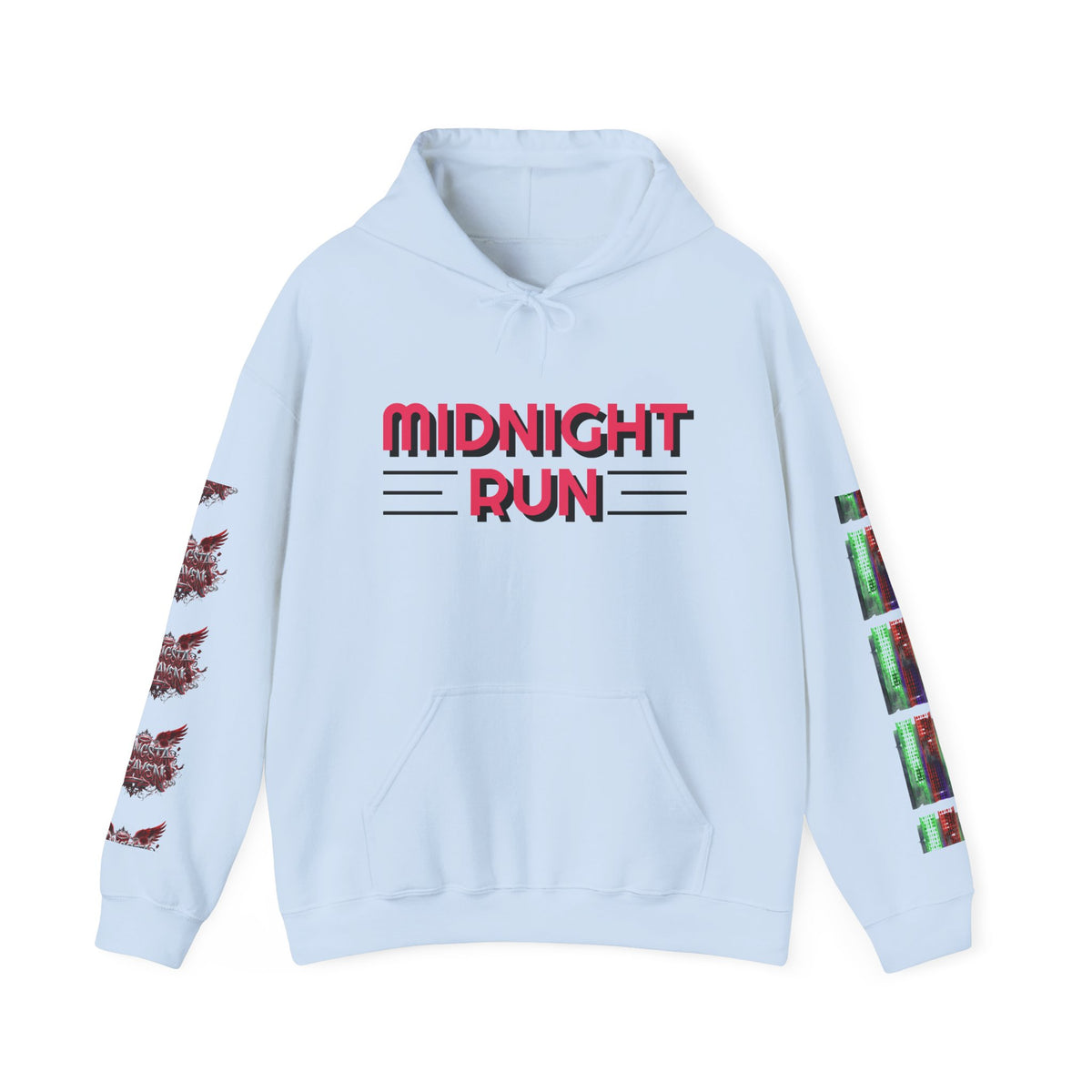 Midnight Run Hoodie — Graphic Streetwear Pullover with Sleeve Prints