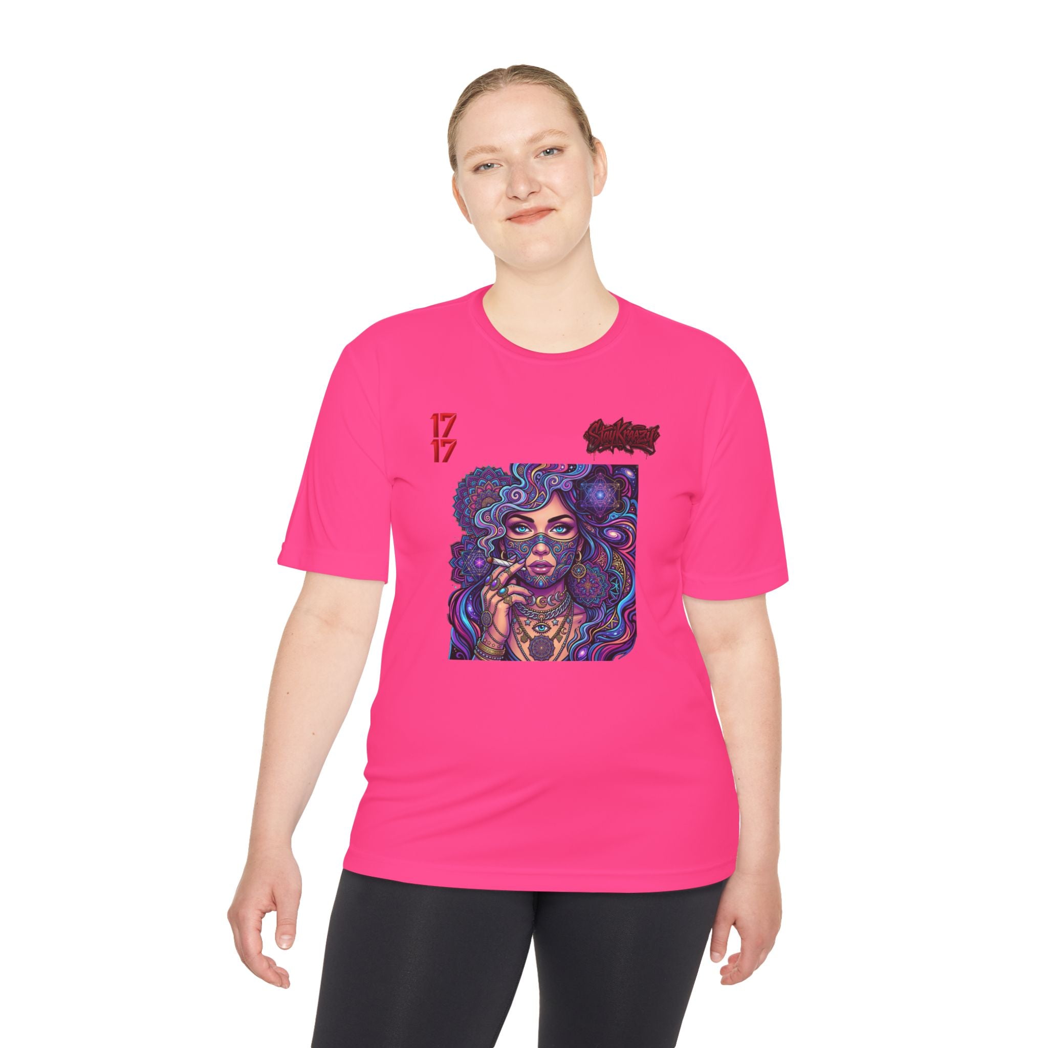 Psychedelic Woman Graphic Tee — Retro Cosmic Portrait Moisture‑Wicking Shirt