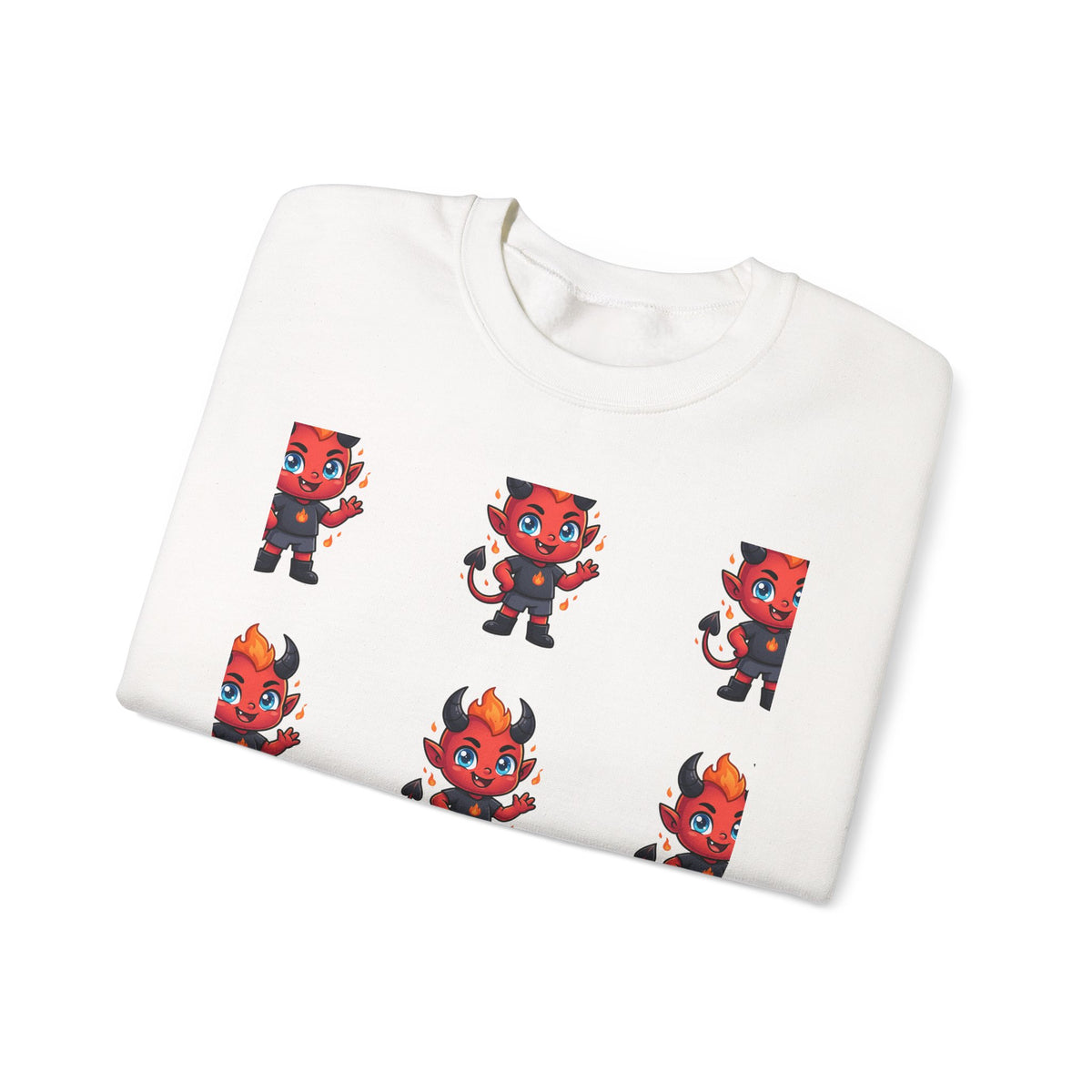 Cute Devil Character Grid Sweatshirt — Cartoon Demon Pattern Crewneck