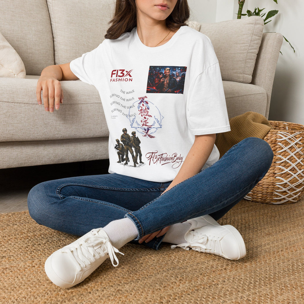 Graphic T-Shirt — F13X Fashion Collage Tee (Surfing Wave & Retro Crew)