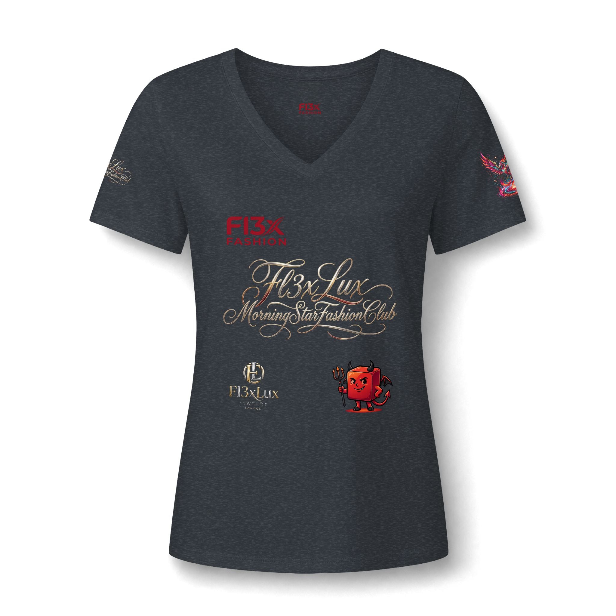Women's V-Neck Tee — 'F13x Fashion' Floral Logo & Devil Graphic