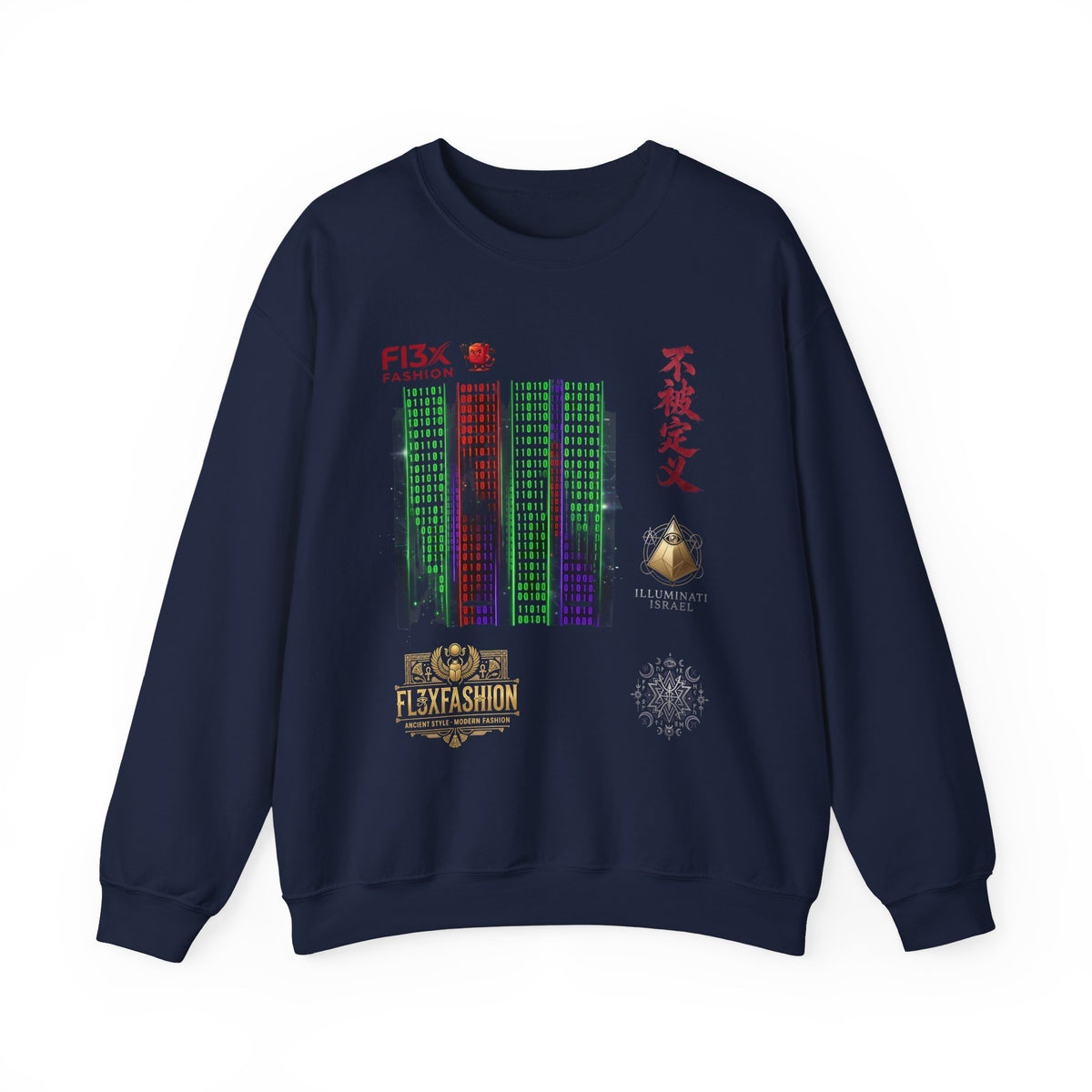 Crewneck Sweatshirt — Cyber Tokyo Graphic with Kanji & Matrix Cityscape