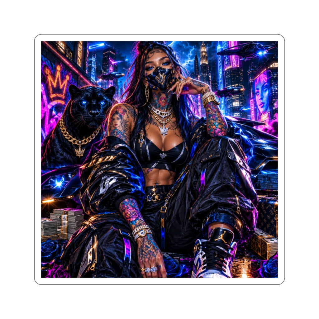 Cyberpunk Femme Fatale Sticker — Neon Street Queen Kiss-Cut Decal