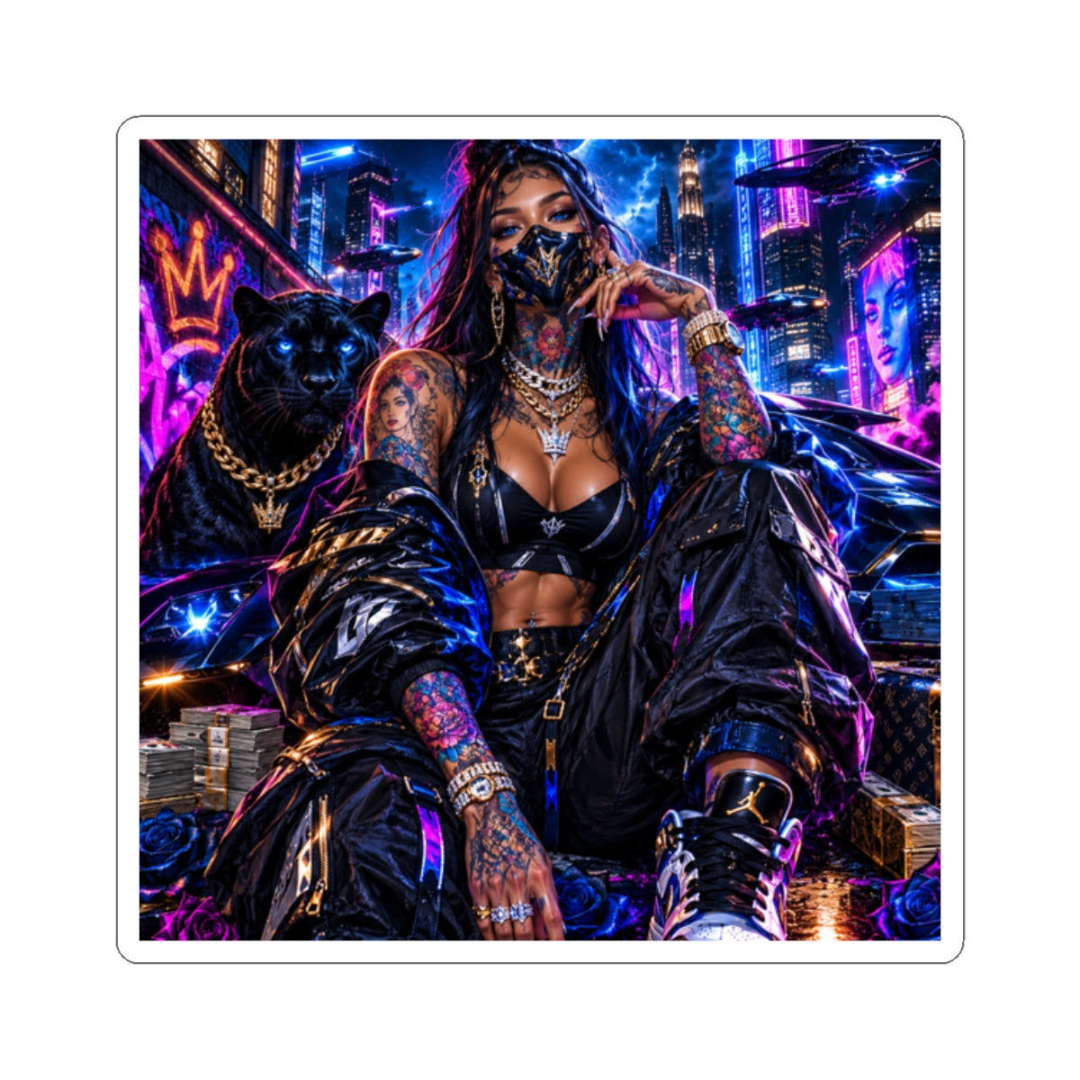 Cyberpunk Femme Fatale Sticker — Neon Street Queen Kiss-Cut Decal