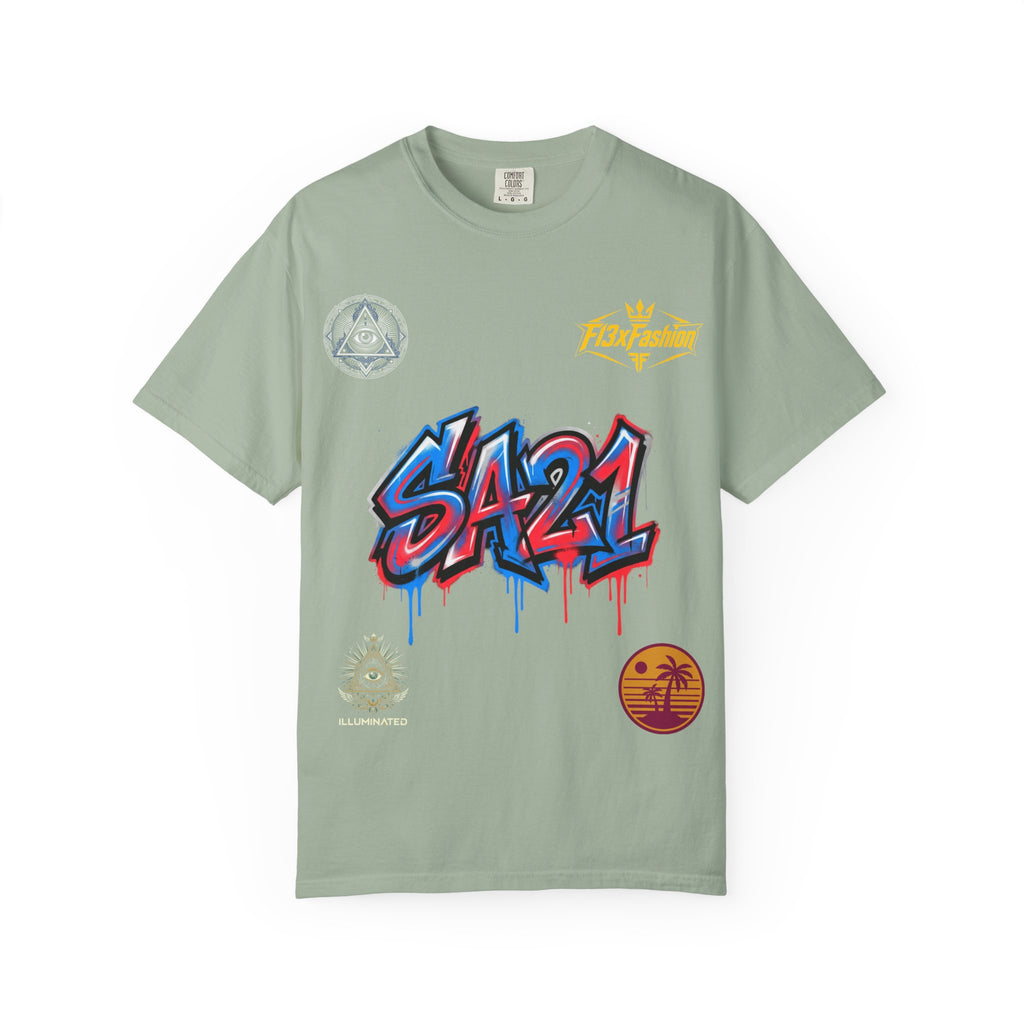 SA21 Graffiti T-Shirt — Urban Streetwear Tee with Drip Art & Tropical Patch