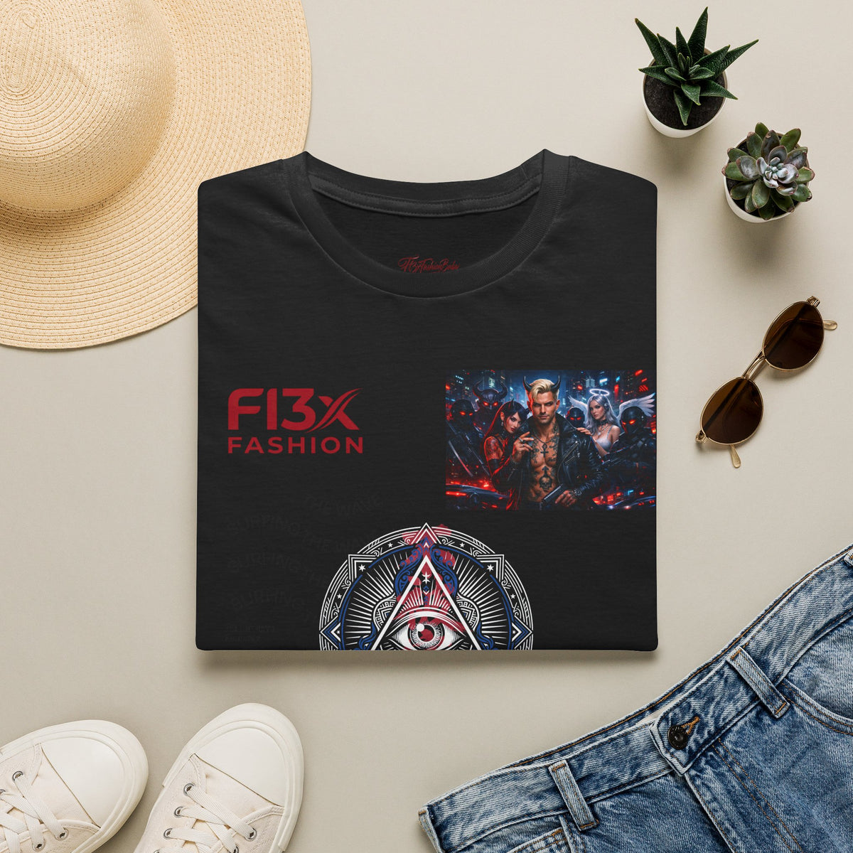 Graphic T-Shirt — F13X Fashion Collage Tee (Surfing Wave & Retro Crew)