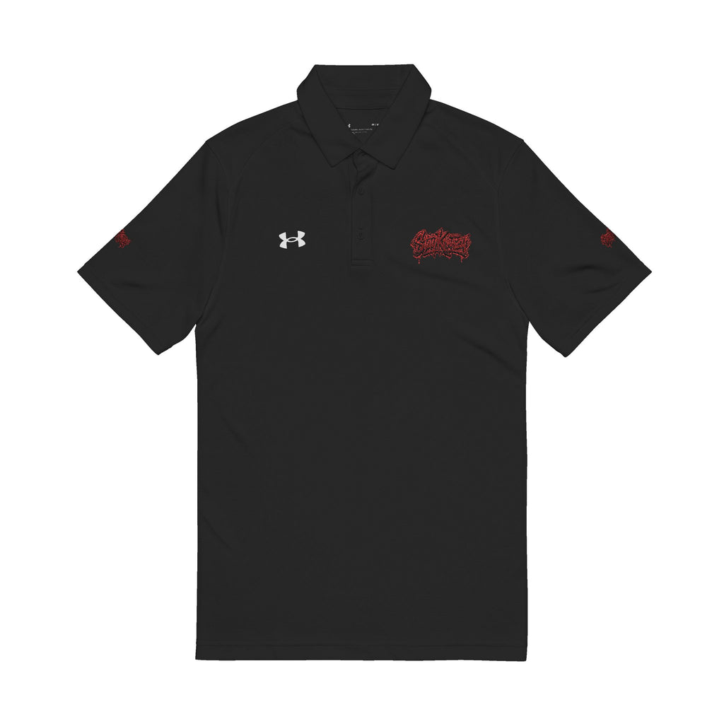 Embroidered Men’s Performance Polo — White with Red Script Logo