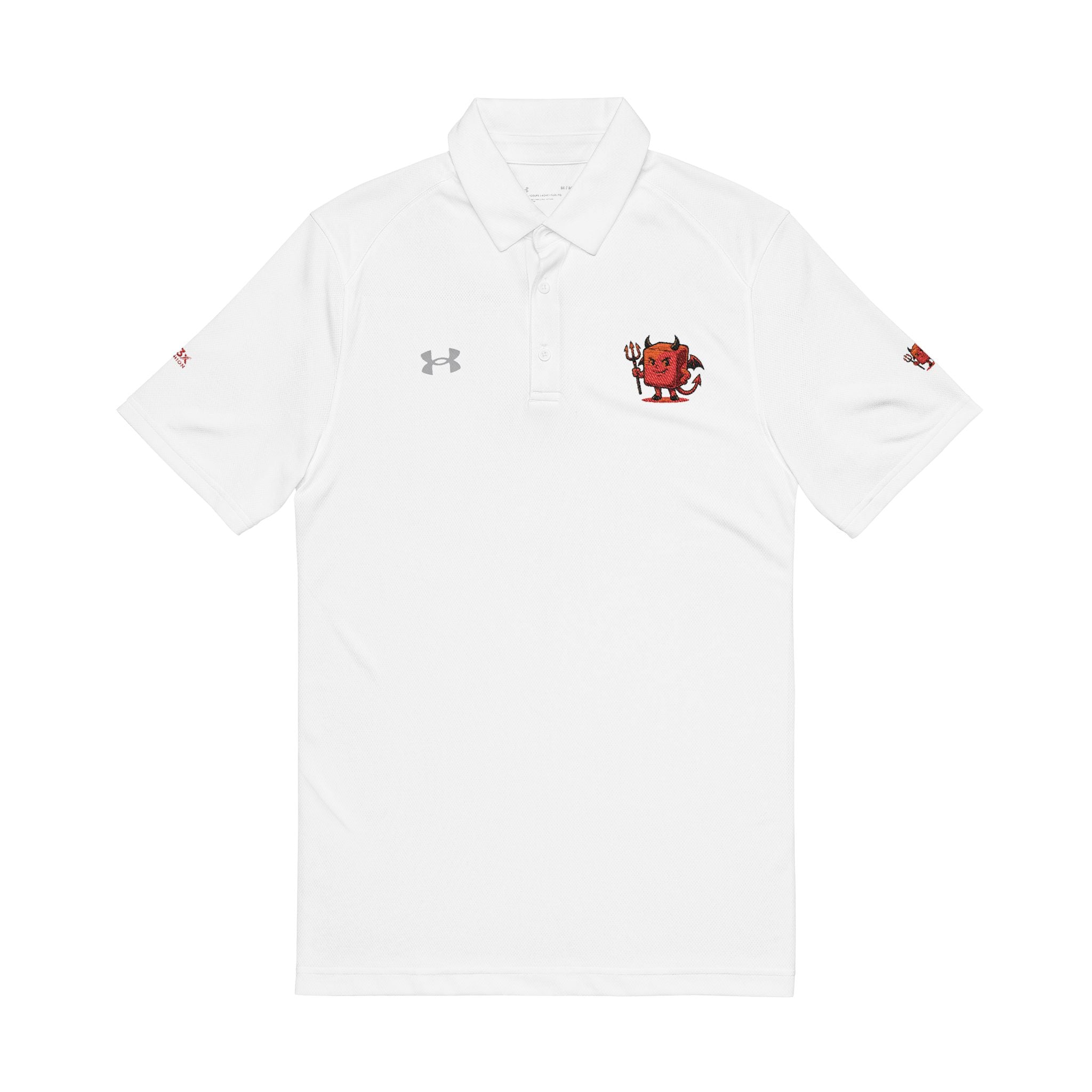 Embroidered Devil Mascot Men's Polo — White Performance Golf Shirt