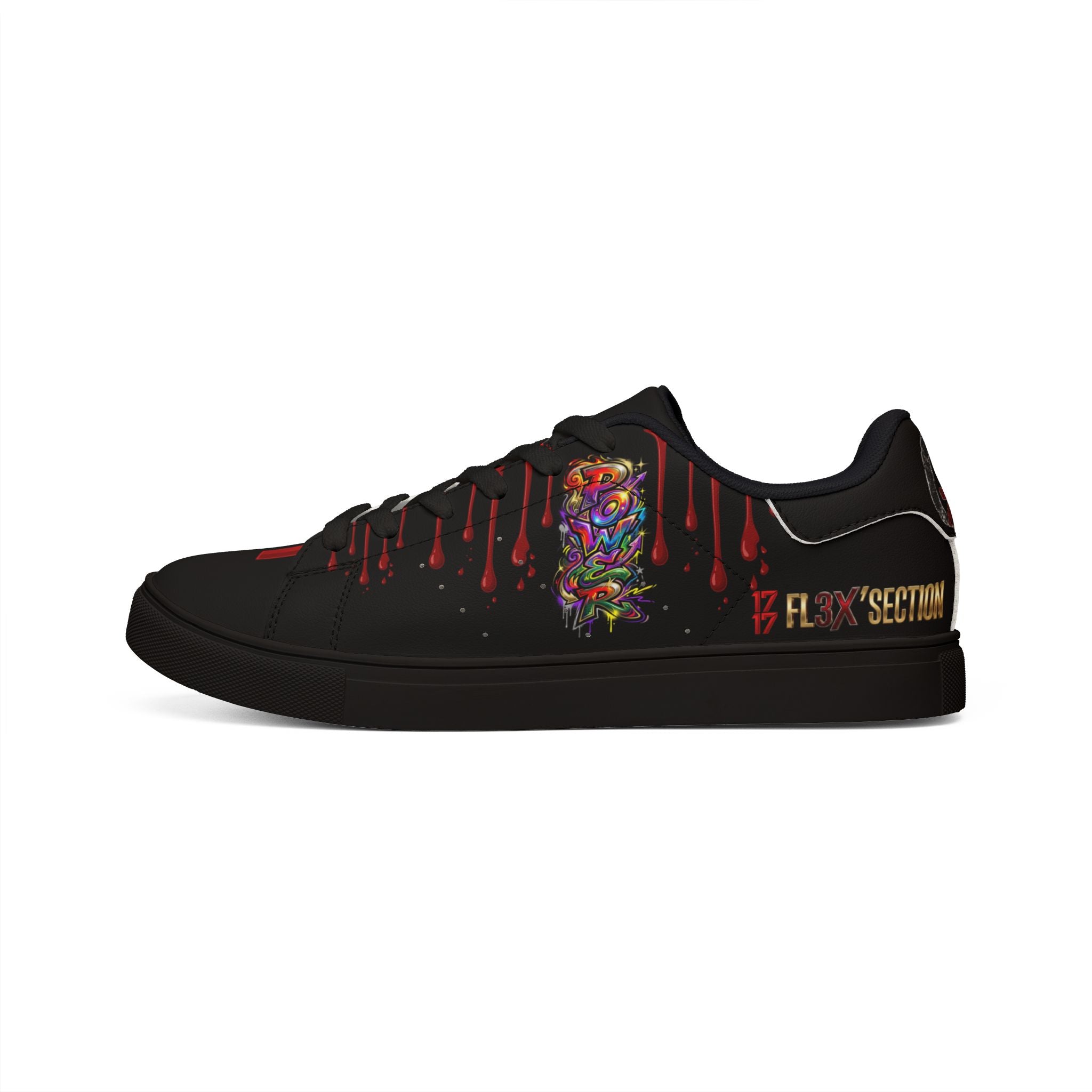 Low-Top Sneakers — Black Red Drip Graphic Leather Trainers