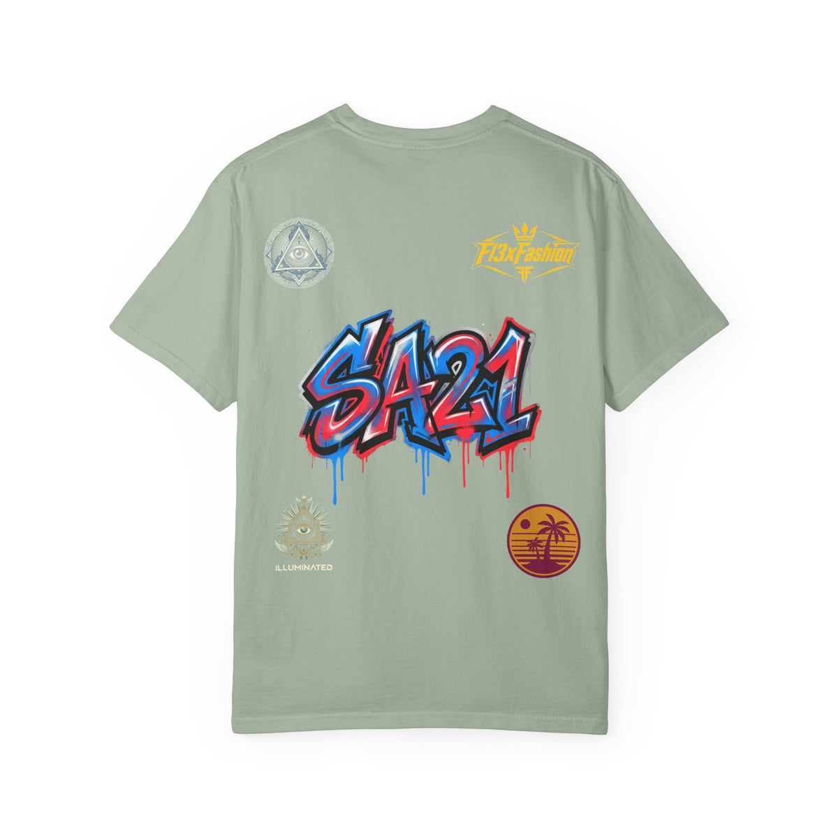 SA21 Graffiti T-Shirt — Urban Streetwear Tee with Drip Art & Tropical Patch