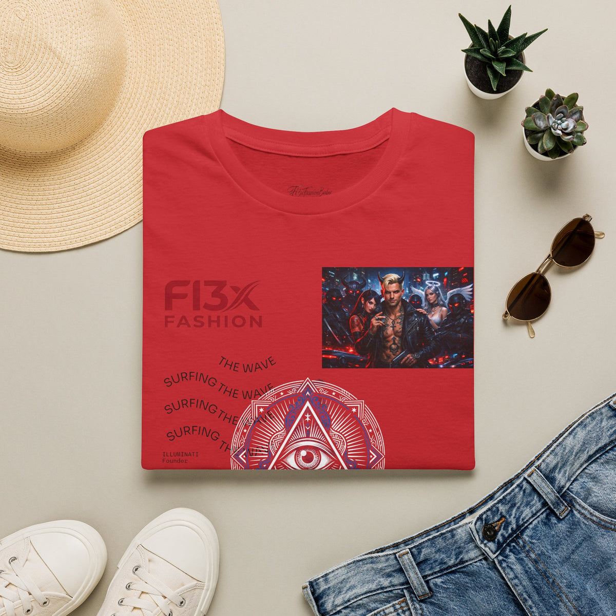Graphic T-Shirt — F13X Fashion Collage Tee (Surfing Wave & Retro Crew)