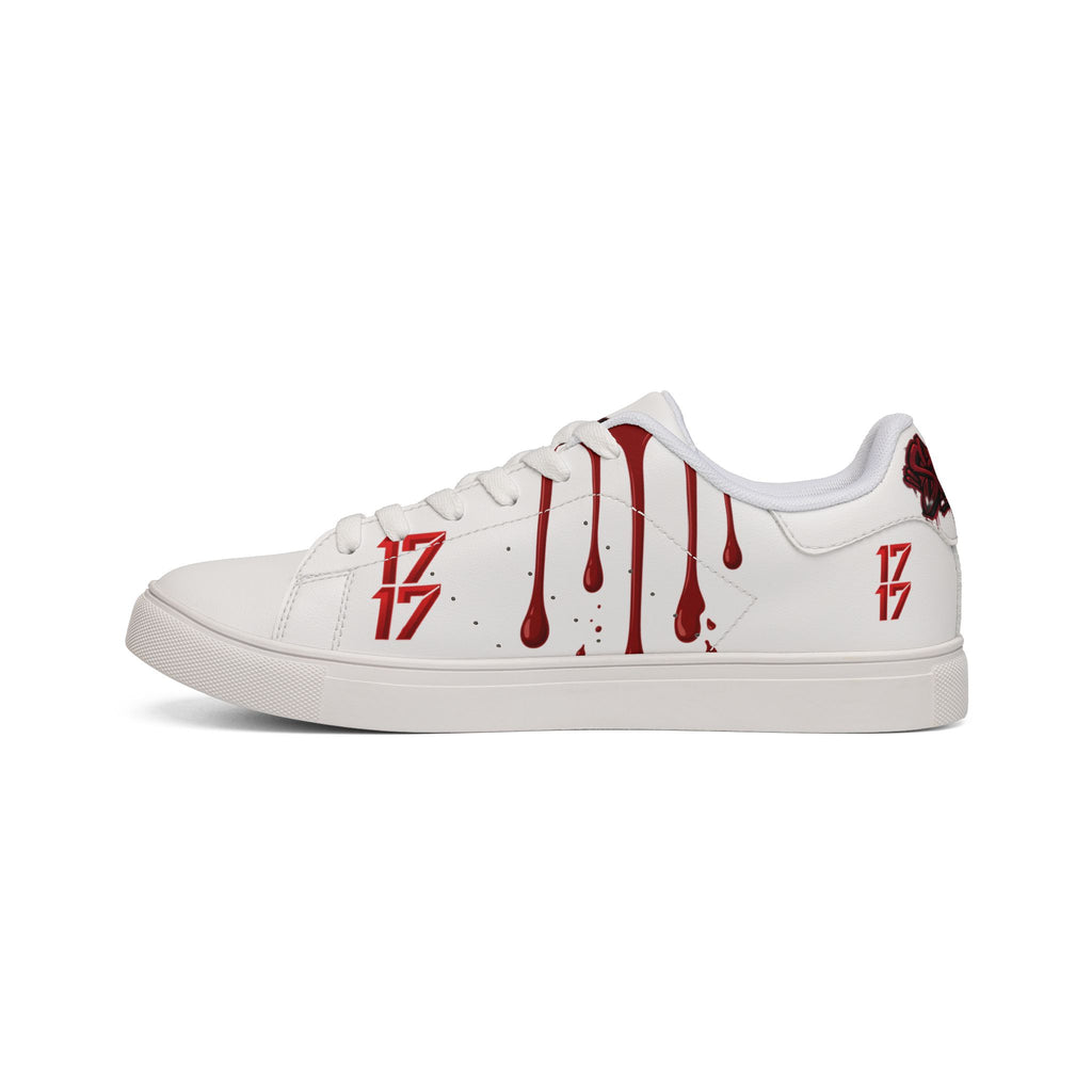 Leather Sneakers — White Low-Top with Red Drip & "17" Graphic