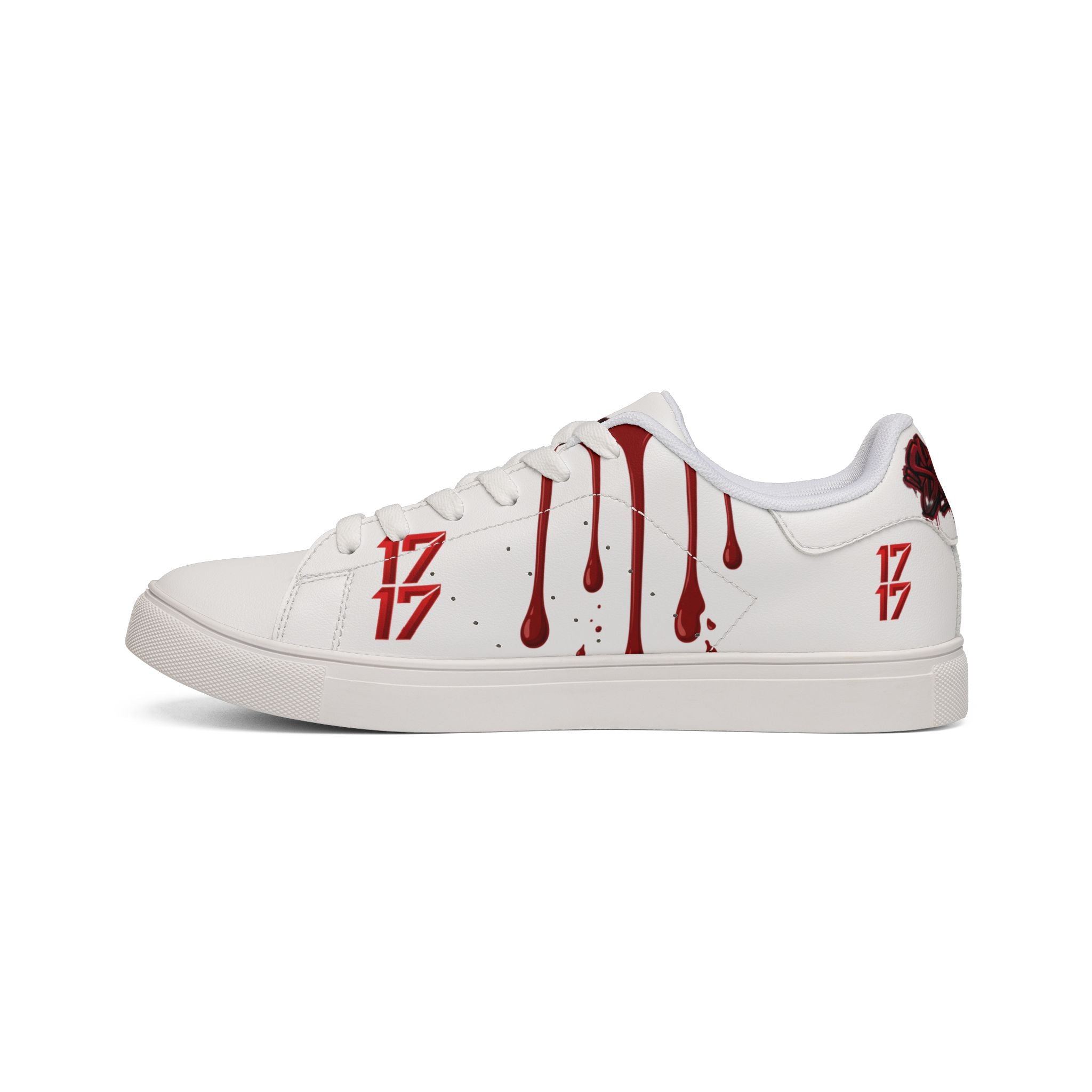 Leather Sneakers — White Low-Top with Red Drip & "17" Graphic
