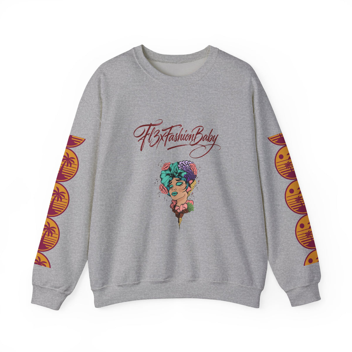 Crewneck Sweatshirt — Floral Femme Portrait “FitFashionBaby” Graphic