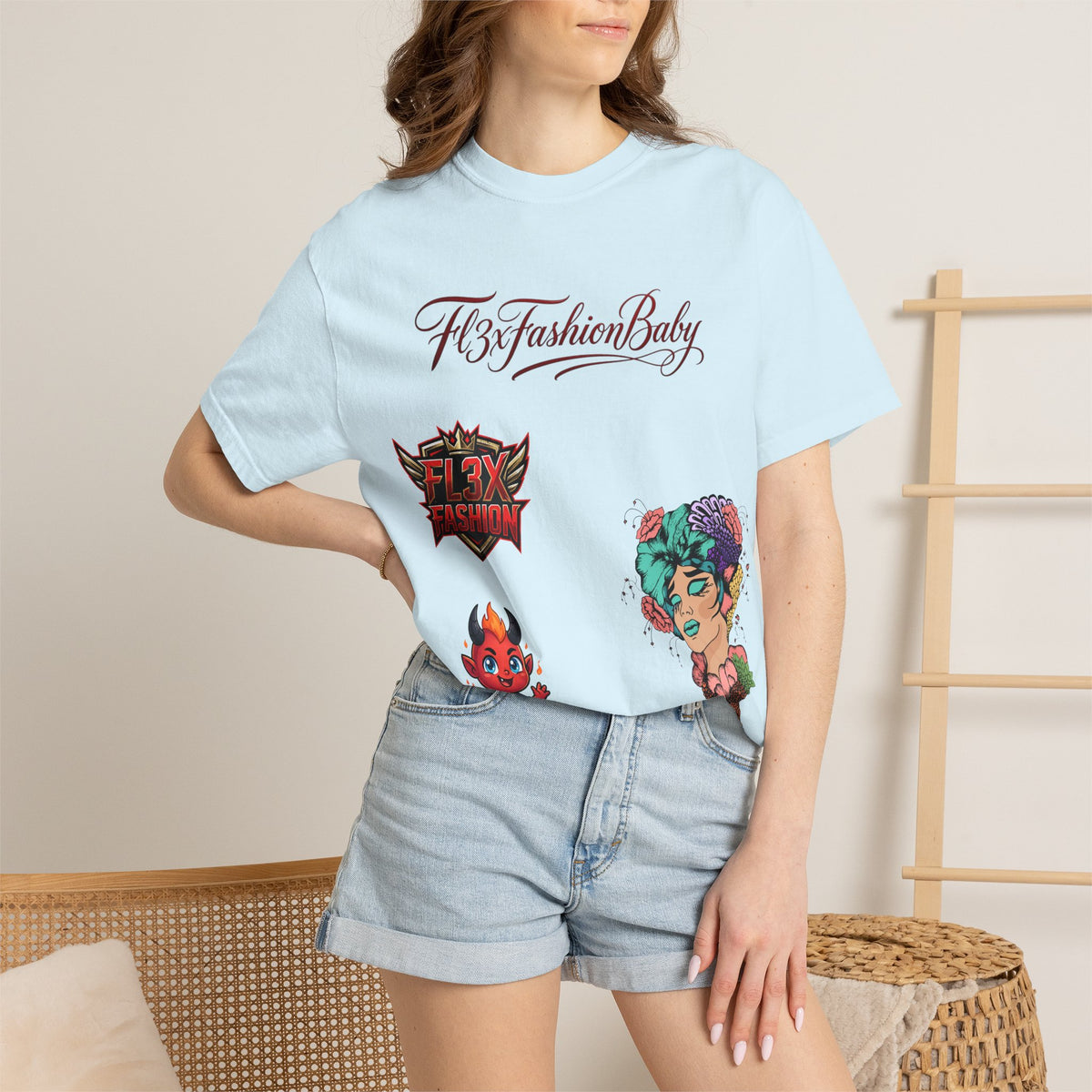 Artistic Floral Portrait T-Shirt — 'Fl3xFashionBaby' Graphic Tee