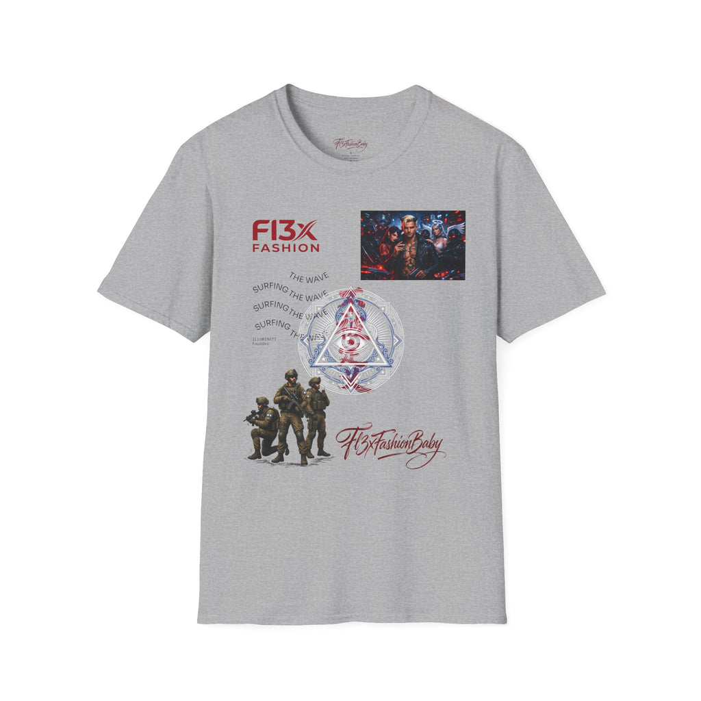 Graphic T-Shirt — F13X Fashion Collage Tee (Surfing Wave & Retro Crew)