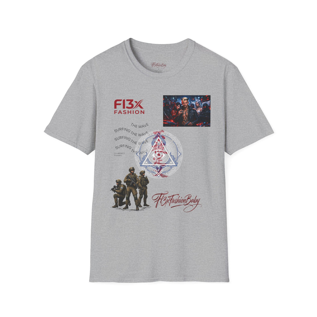 Graphic T-Shirt — F13X Fashion Collage Tee (Surfing Wave & Retro Crew)