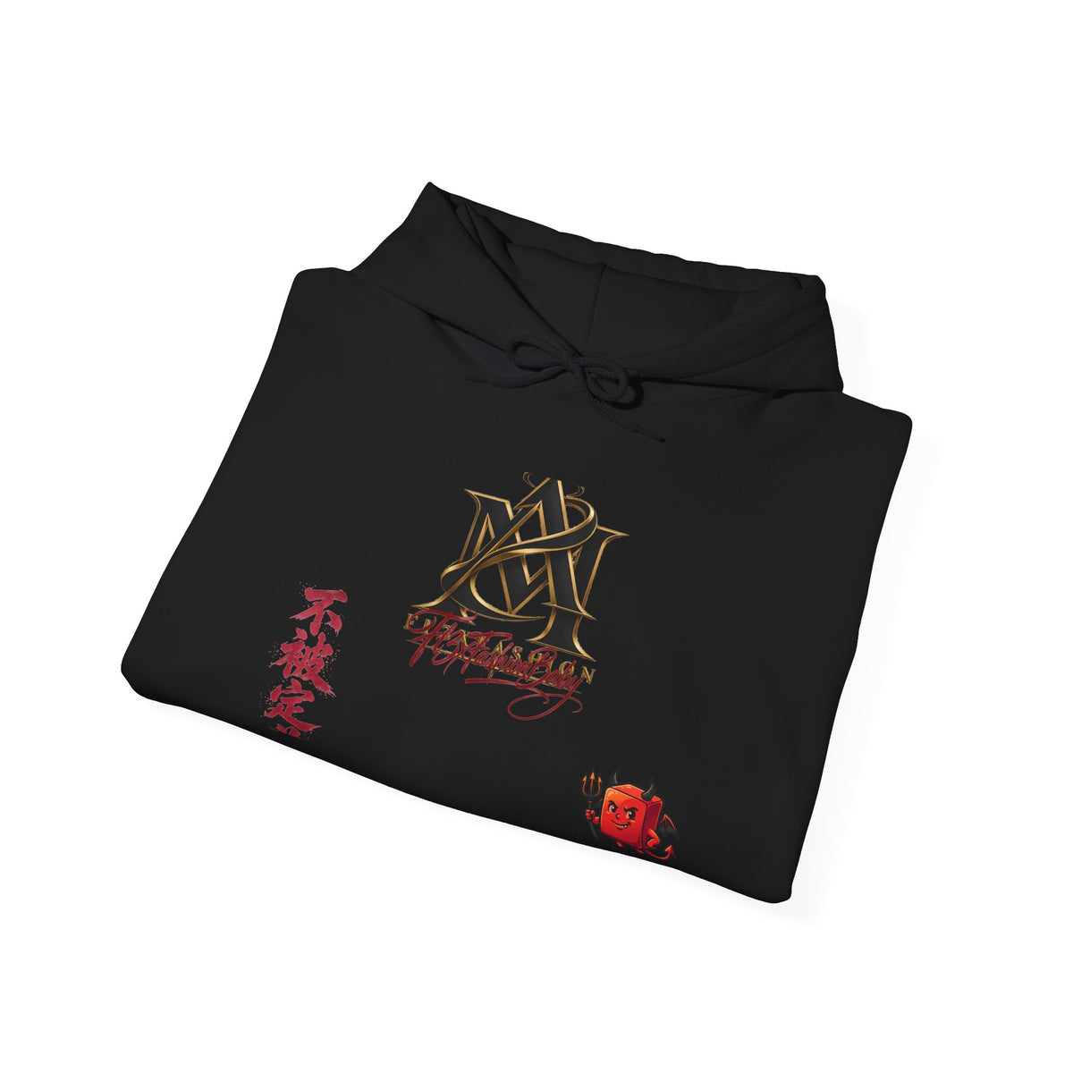 Japanese Calligraphy Logo Hoodie — Kanji "不撓不屈" Design with Red Rose Accent