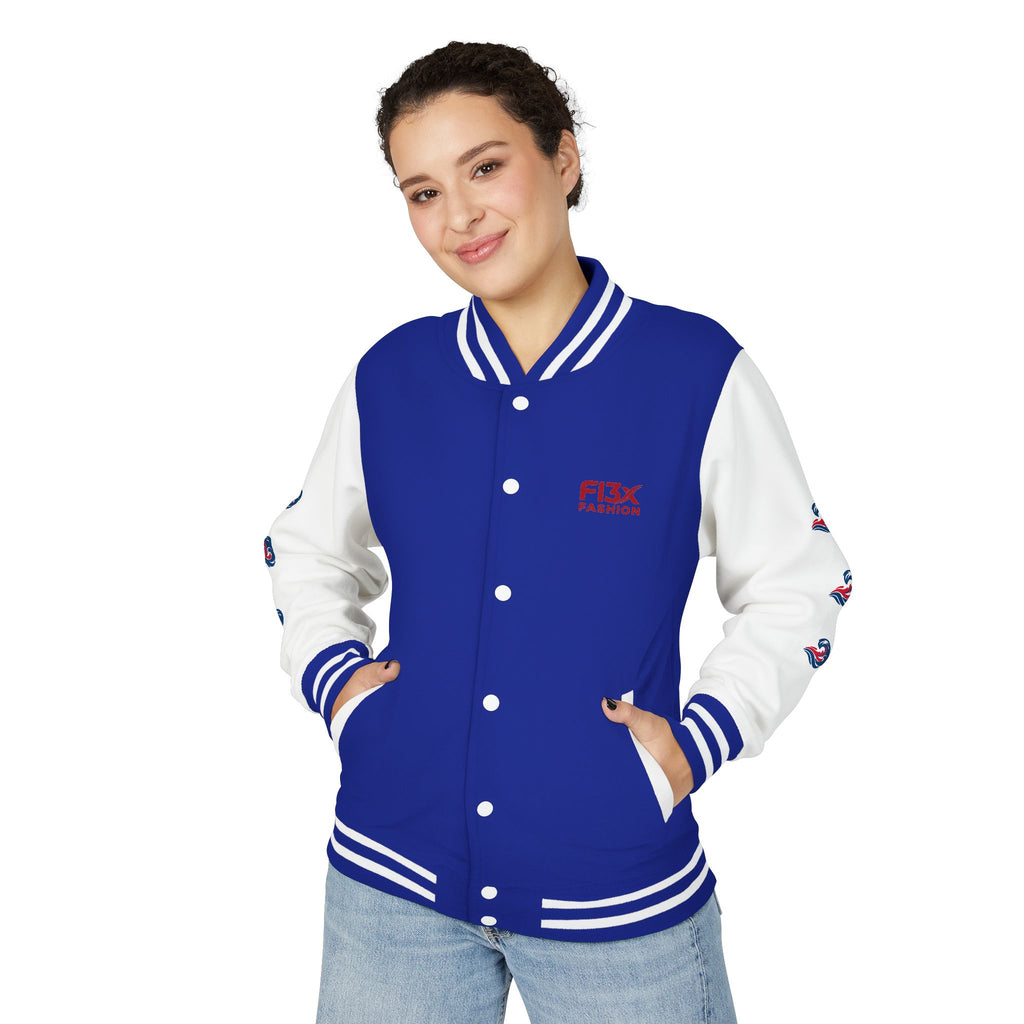 Letterman Jacket — Red Wave Graphic Varsity Jacket with 'F13X Fashion' Logo