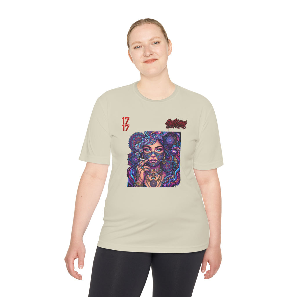 Psychedelic Woman Graphic Tee — Retro Cosmic Portrait Moisture‑Wicking Shirt