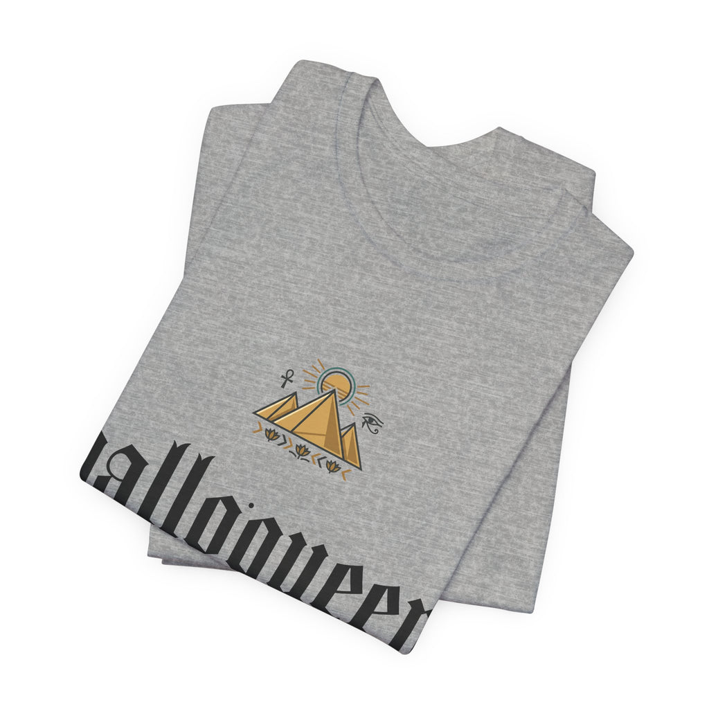 Halloqueen Graphic Tee — Gothic Script Halloween T‑Shirt with Pyramid & Asian Calligraphy