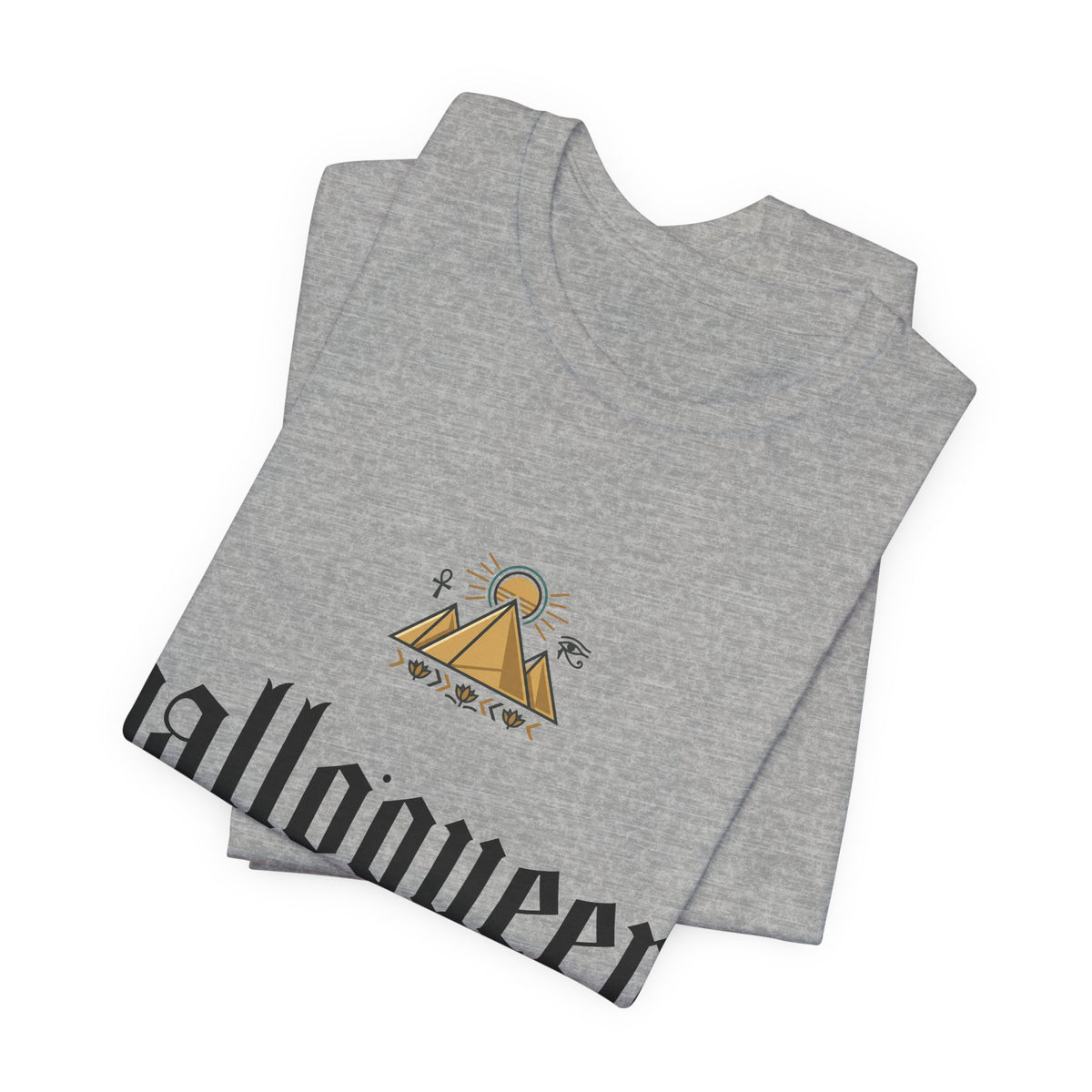Halloqueen Graphic Tee — Gothic Script Halloween T‑Shirt with Pyramid & Asian Calligraphy