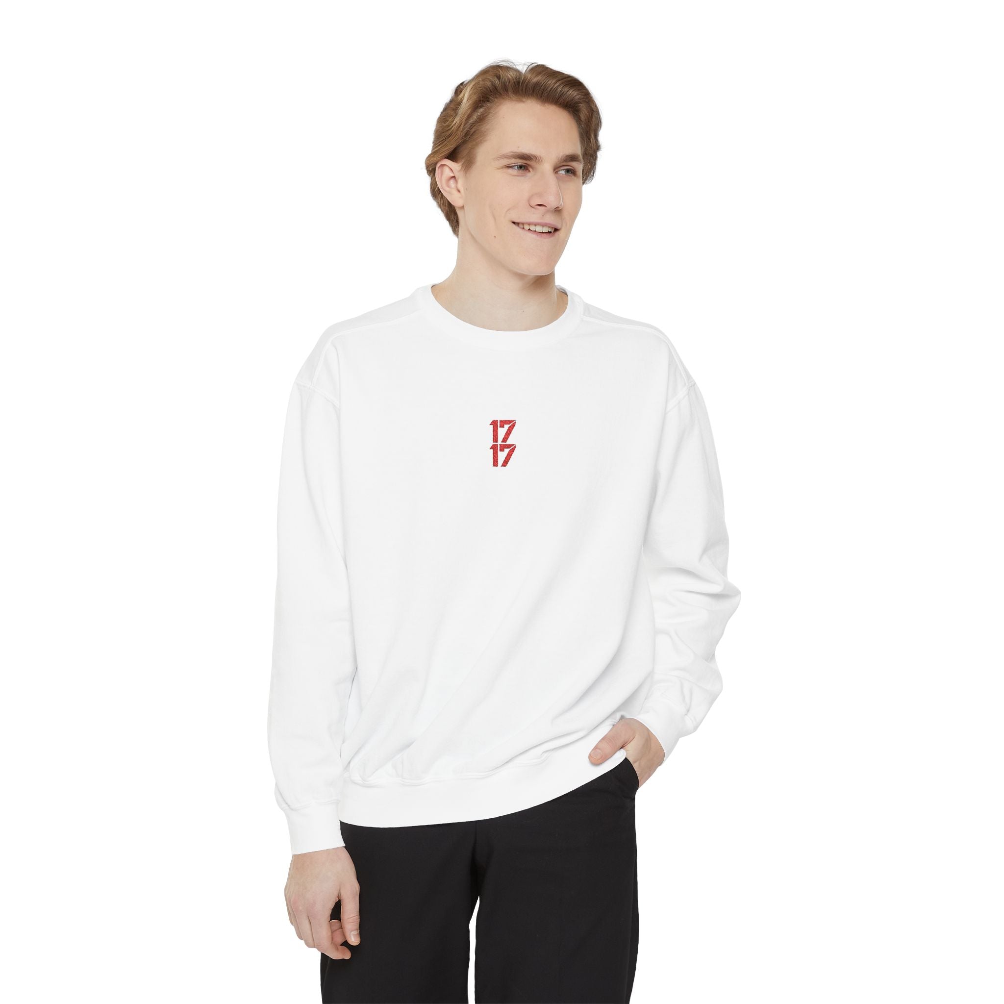 Sweatshirt — Minimal Red "17/17" Chest Logo Garment-Dyed Crew