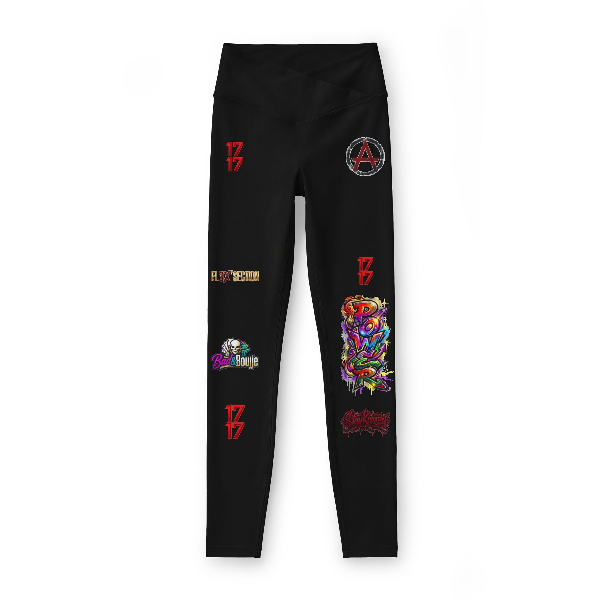 Graphic Patchwork Women's Leggings — Colorful Art & Emblem Print