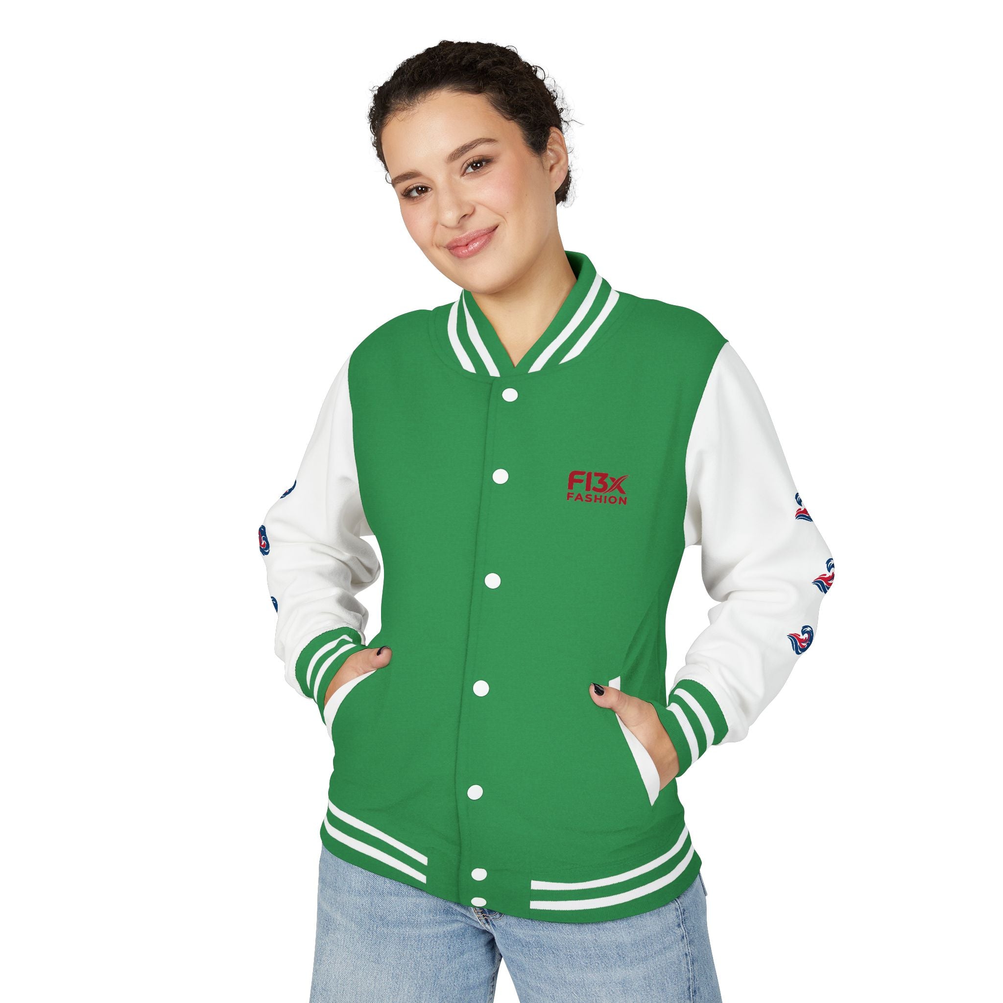 Letterman Jacket — Red Wave Graphic Varsity Jacket with 'F13X Fashion' Logo