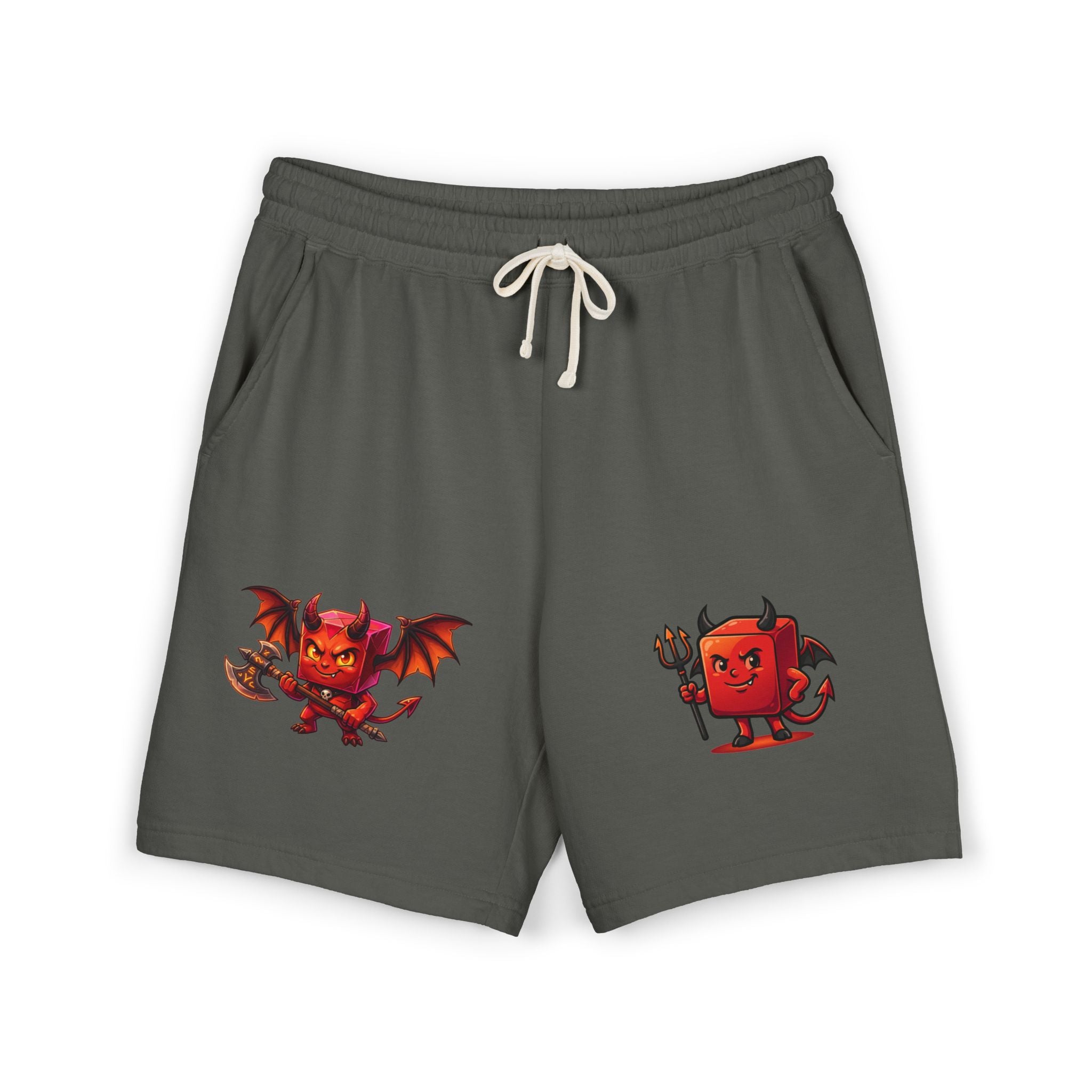 Devil Doodle Fleece Sweat Shorts — Cute Red Demon Graphic Lounge Shorts