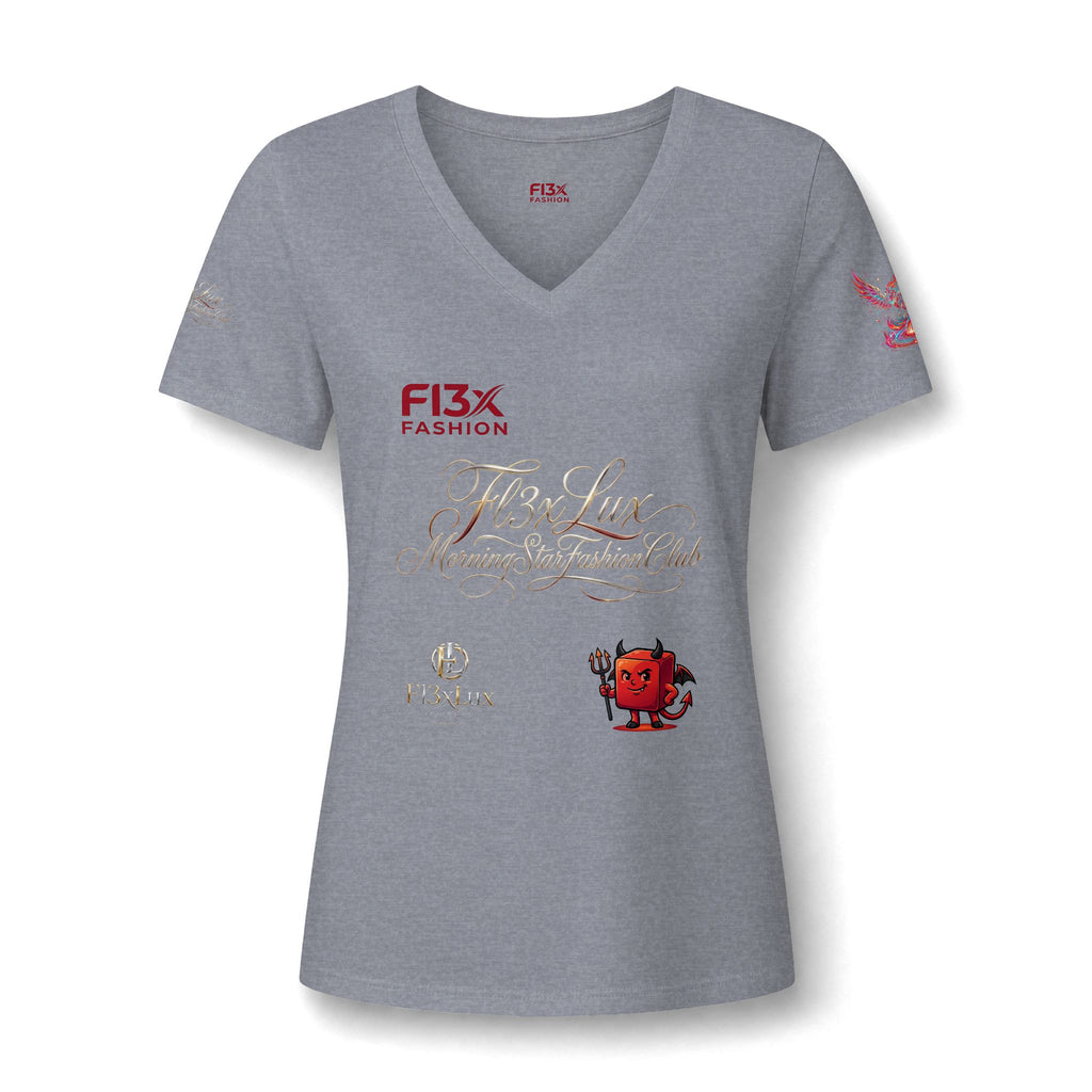 Women's V-Neck Tee — 'F13x Fashion' Floral Logo & Devil Graphic