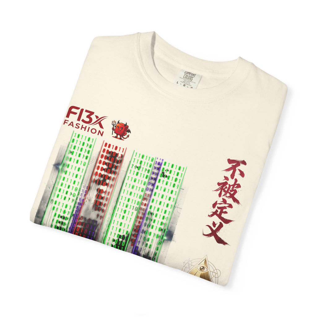 Graphic T-Shirt — Futuristic Cityscape Design with Japanese Calligraphy