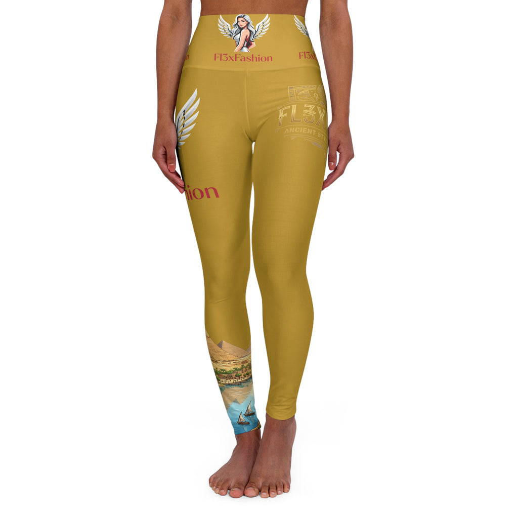 Golden Vintage Travel Graphic Yoga Leggings — High Waisted AOP with Wing & Pyramid Motifs