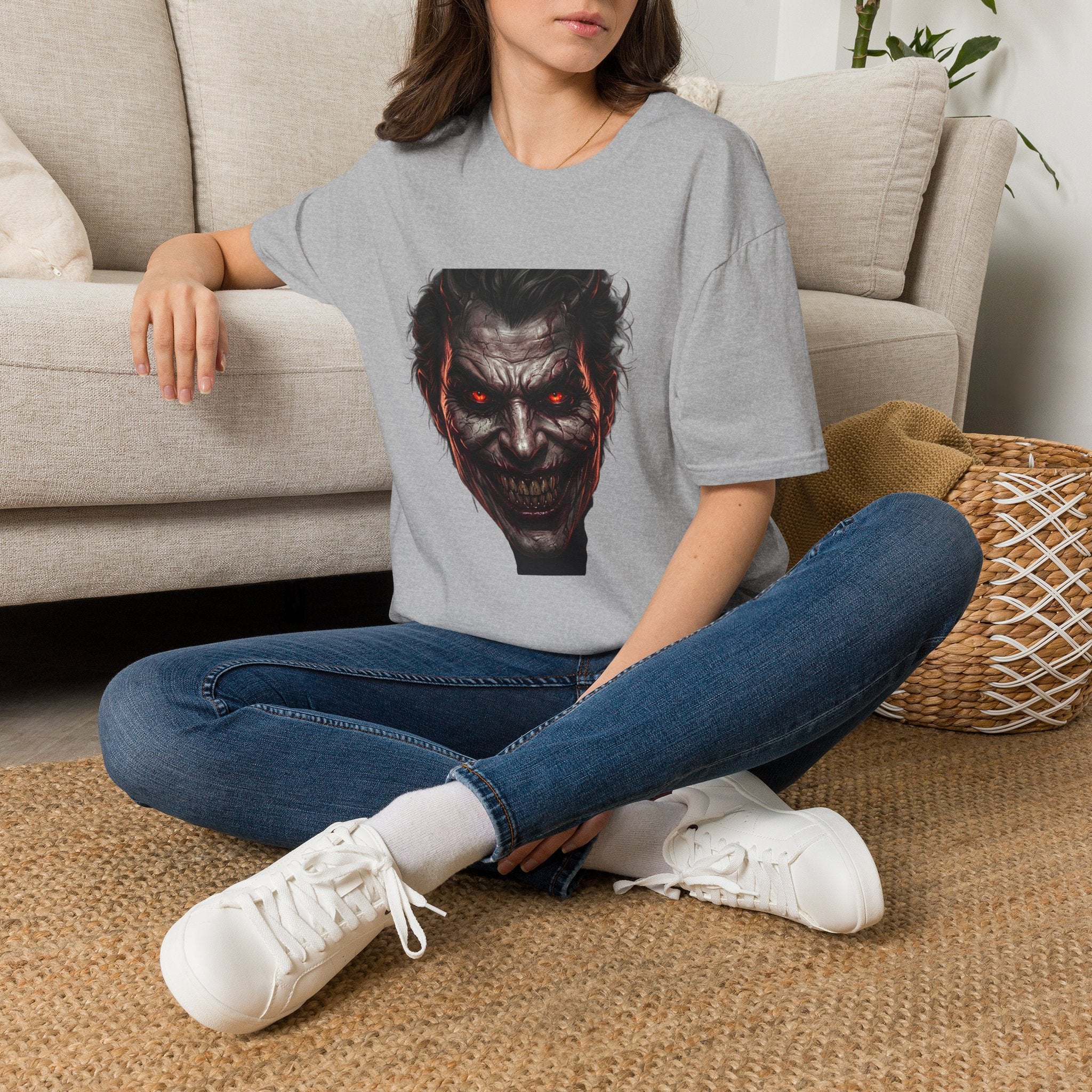 Horror Joker Face T-Shirt — Red-Eyed Villain Graphic Tee