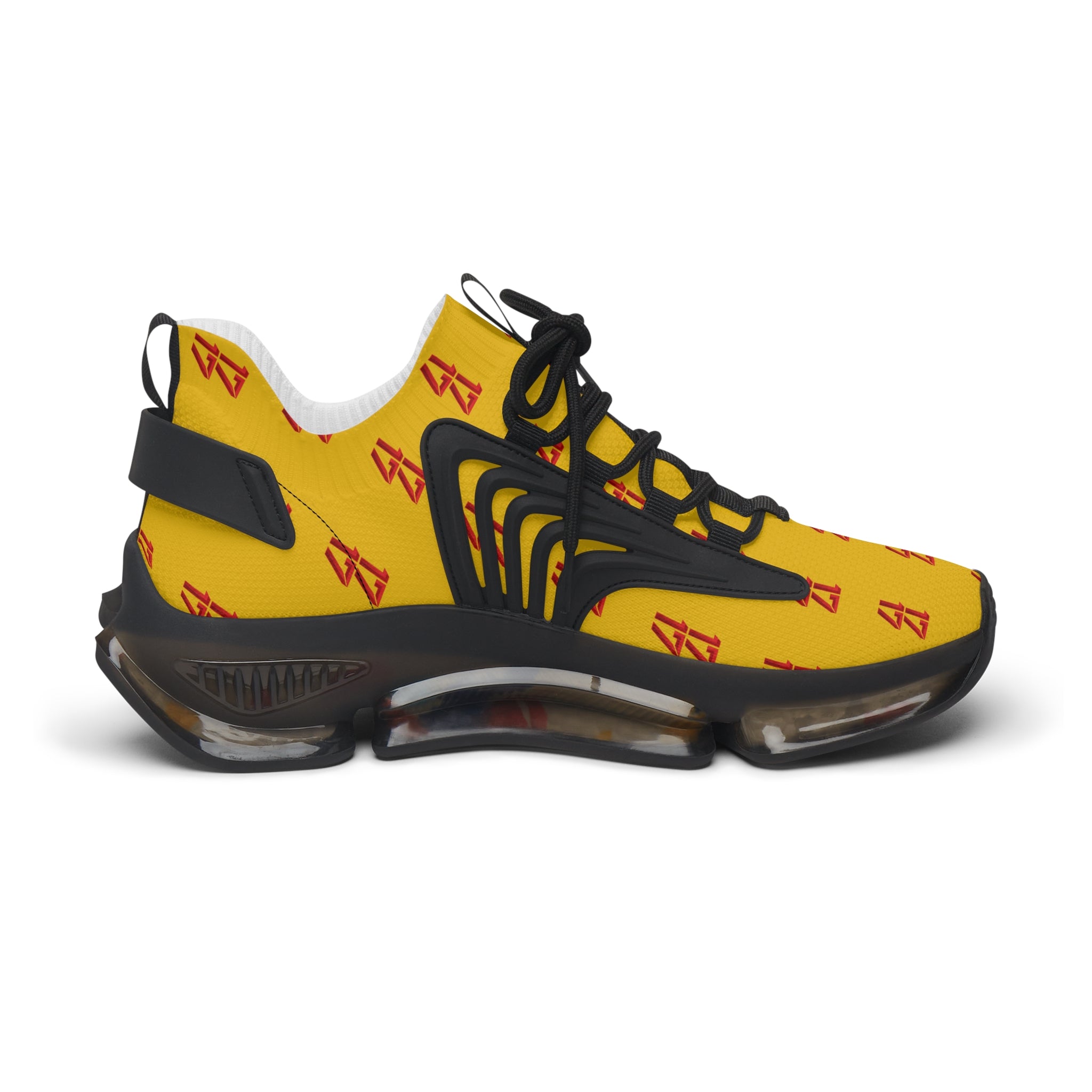 Yellow Mesh Sneakers — Breathable Women's Athletic Shoes with Red Logo Pattern