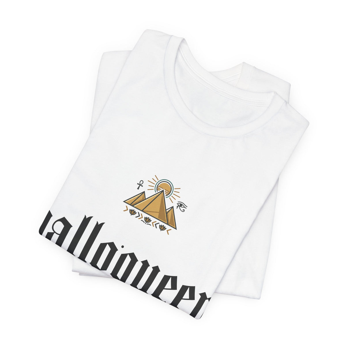 Halloqueen Graphic Tee — Gothic Script Halloween T‑Shirt with Pyramid & Asian Calligraphy