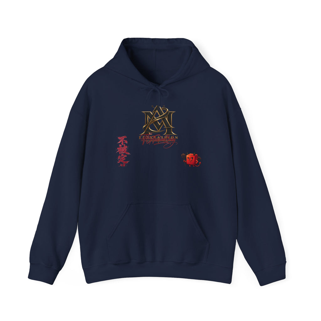 Japanese Calligraphy Logo Hoodie — Kanji "不撓不屈" Design with Red Rose Accent