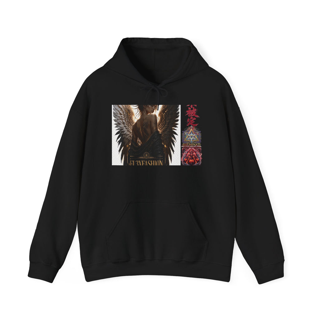 Angel Wings Graphic Hoodie — Dark Fantasy Japanese Script Design