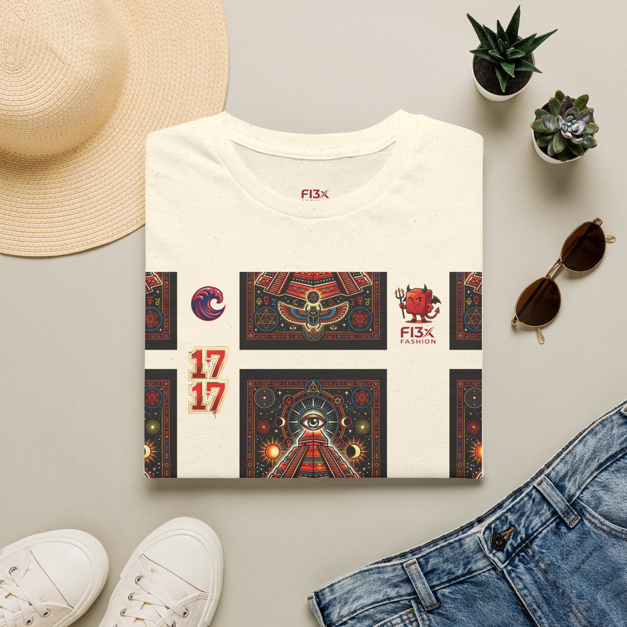 T-Shirt — Retro Cosmic Tarot Graphic with '17' Mystic Symbols