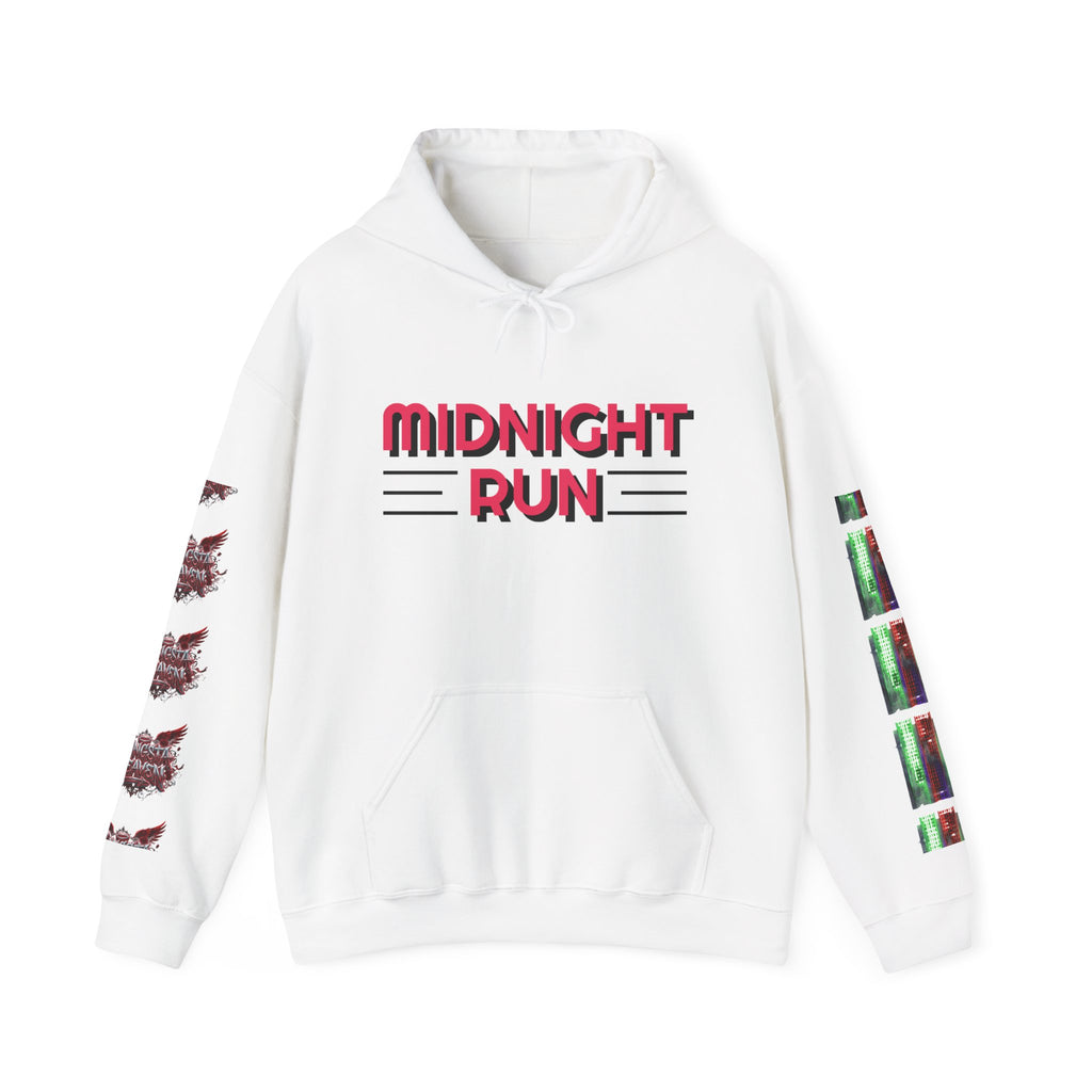 Midnight Run Hoodie — Graphic Streetwear Pullover with Sleeve Prints