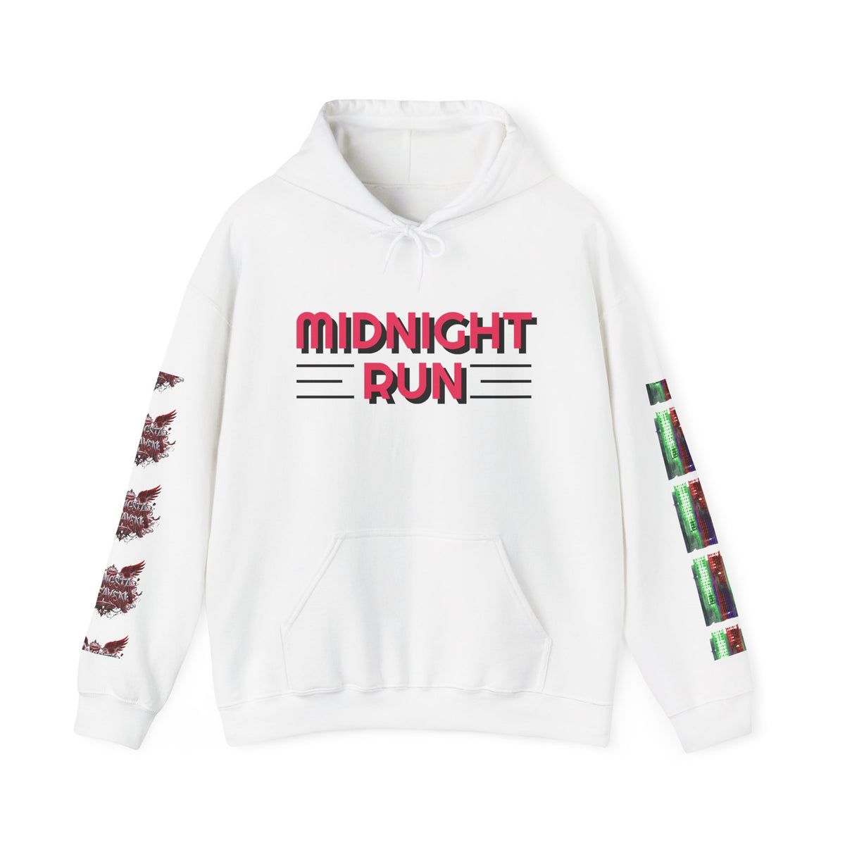 Midnight Run Hoodie — Graphic Streetwear Pullover with Sleeve Prints