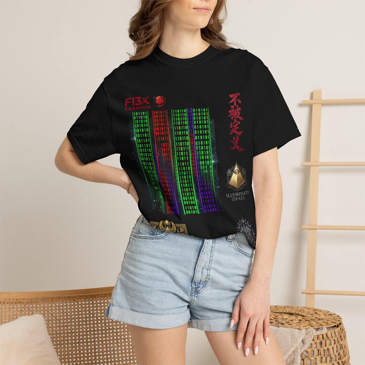 Graphic T-Shirt — Futuristic Cityscape Design with Japanese Calligraphy