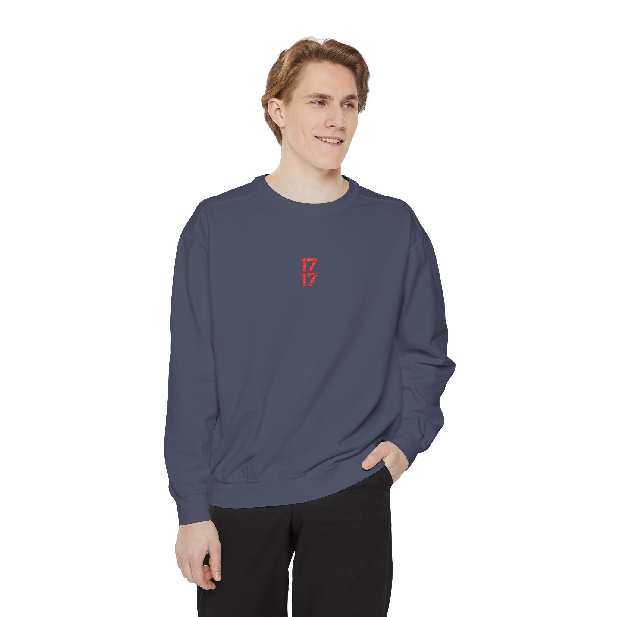 Sweatshirt — Minimal Red "17/17" Chest Logo Garment-Dyed Crew