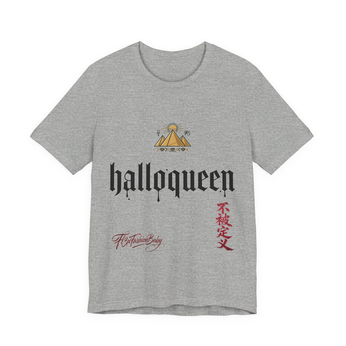 Halloqueen Graphic Tee — Gothic Script Halloween T‑Shirt with Pyramid & Asian Calligraphy